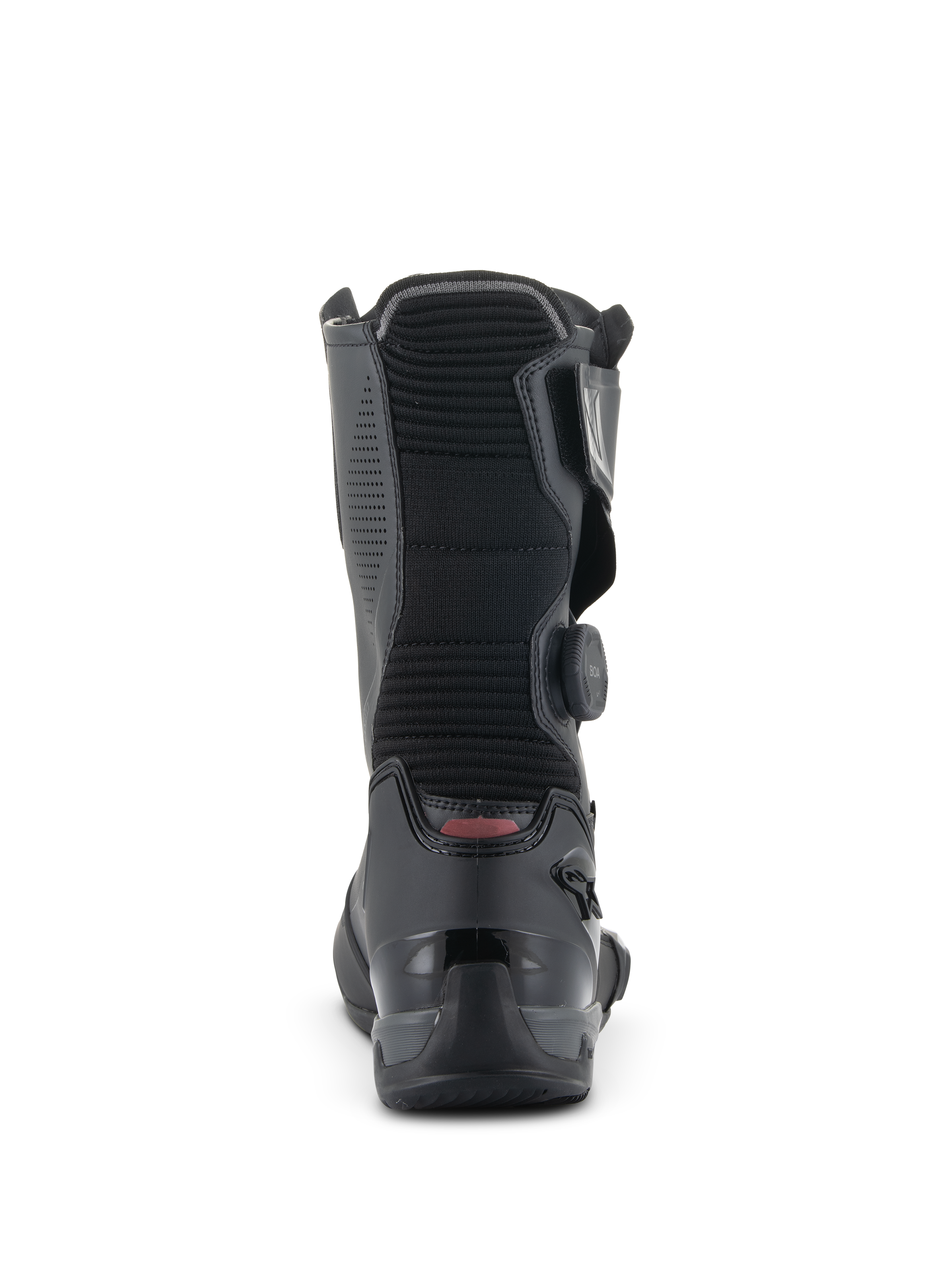 Bottes Alpinestars SP-X BOA, bottes de sport moto mi-hautes, noir, vue arrière mettant en avant le panneau flexible en accordéon nervuré, le contrefort de talon en TPU renforcé et la molette latérale du système BOA Fit