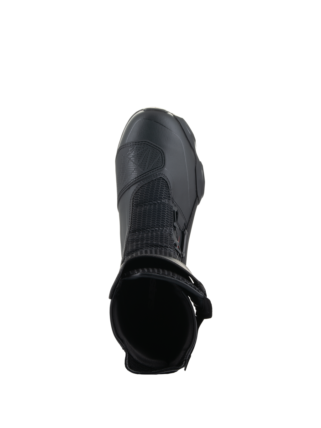 Bottes Alpinestars SP-X BOA®, noir, vue de dessus de l'ouverture de la cheville, avec maille Rideknit® et système BOA® Fit System latéral, bottes de moto sportives mi-hautes au design épuré