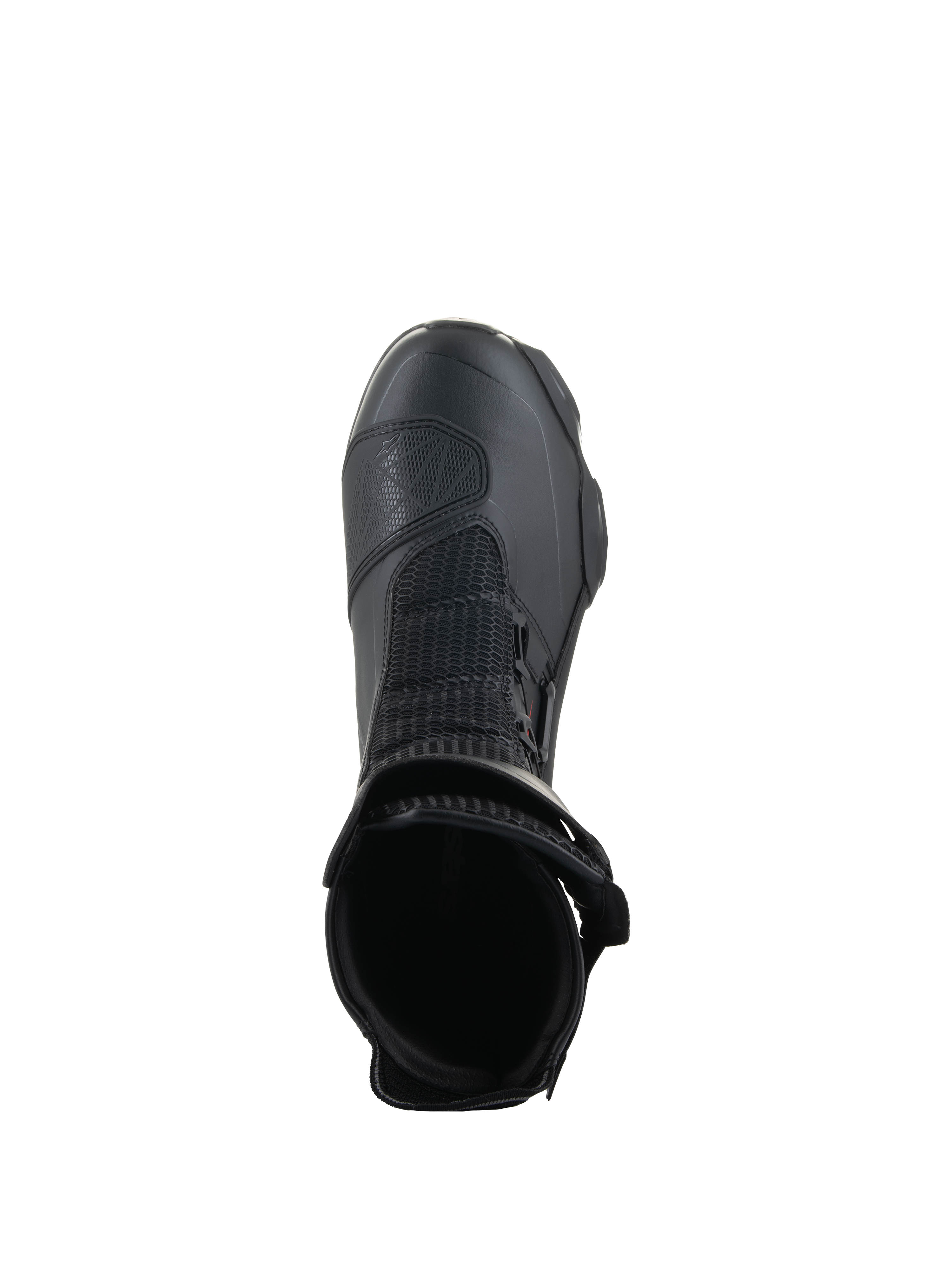 Bottes Alpinestars SP-X BOA®, noir, vue de dessus de l'ouverture de la cheville, avec maille Rideknit® et système BOA® Fit System latéral, bottes de moto sportives mi-hautes au design épuré