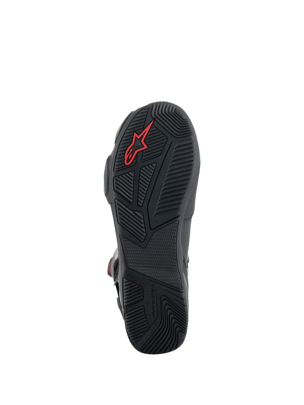 Bottes Alpinestars SP-X BOA®, bottes de moto noires, vue détaillée de la semelle en caoutchouc avec motifs d'adhérence texturés, logo Alpinestars rouge et talon asymétrique pour la stabilité de la marche.