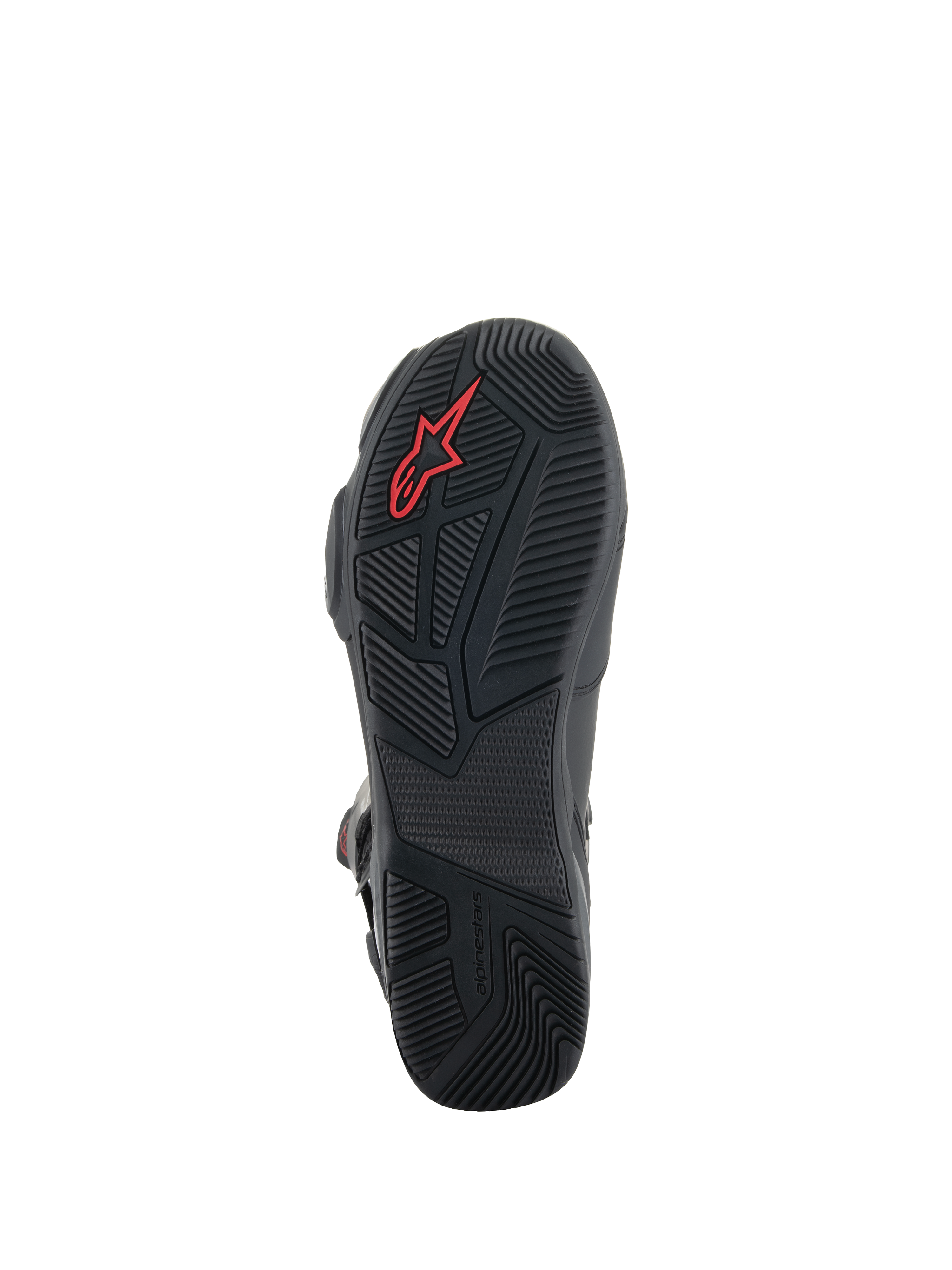 Bottes Alpinestars SP-X BOA®, bottes de moto noires, vue détaillée de la semelle en caoutchouc avec motifs d'adhérence texturés, logo Alpinestars rouge et talon asymétrique pour la stabilité de la marche.