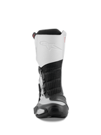 Alpinestars SP-X BOA Boots, vooraanzicht, zwart en zilver, middelhoge sport-motorlaarzen met wit microvezel bovenwerk met reliëflogo, zwart mesh middenstuk en beschermende TPU-componenten