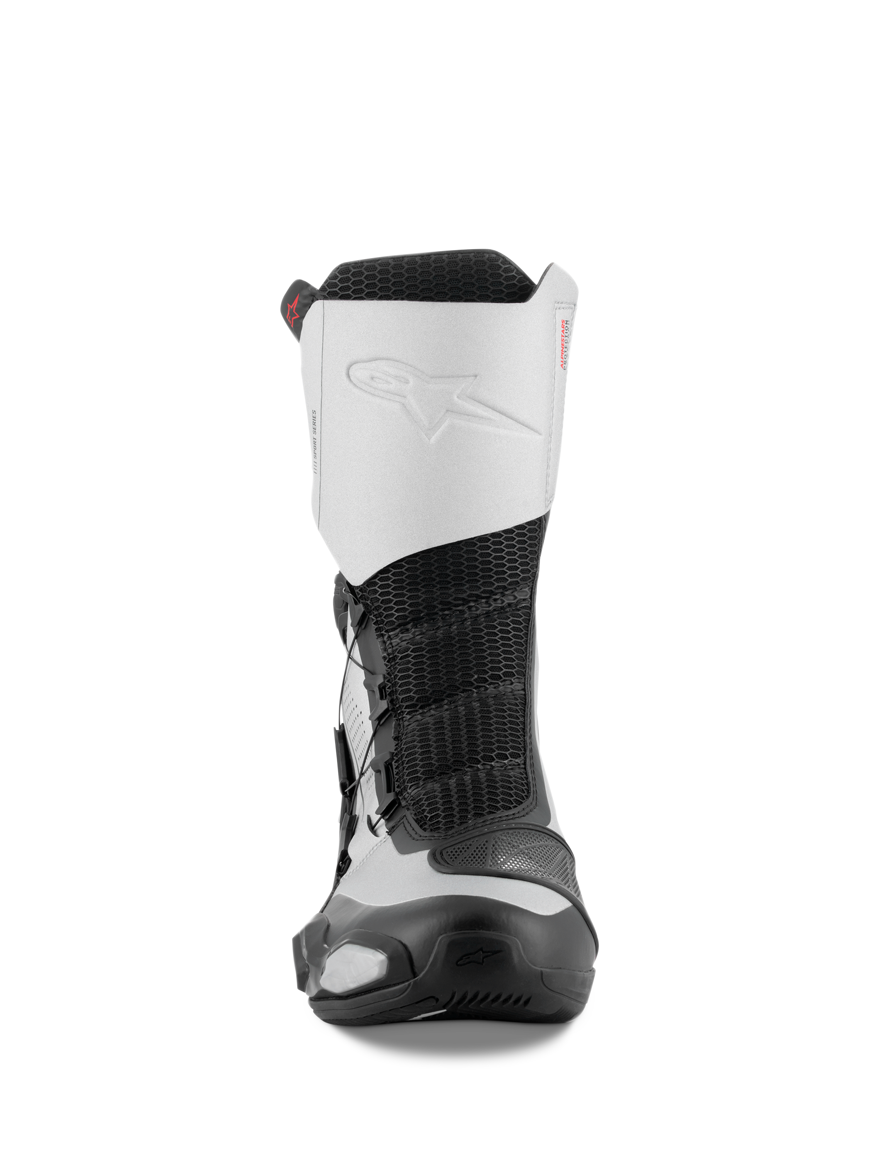 Alpinestars SP-X BOA Boots, vooraanzicht, zwart en zilver, middelhoge sport-motorlaarzen met wit microvezel bovenwerk met reliëflogo, zwart mesh middenstuk en beschermende TPU-componenten