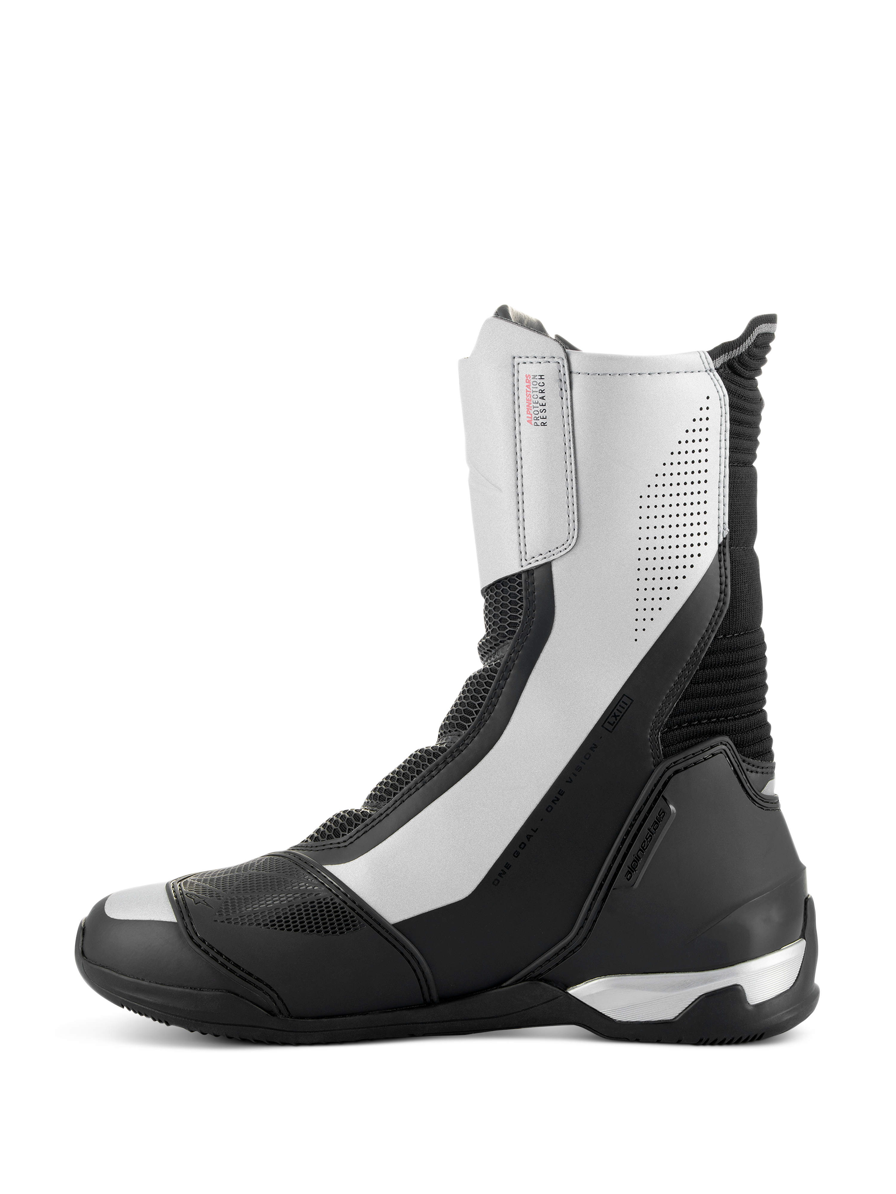 Alpinestars SP-X BOA laarzen, middelhoge sportmotorlaarzen, zwart en zilver, slank zijprofiel met zilveren panelen en geperforeerde details, zwarte TPU-hielkap en Alpinestars branding.