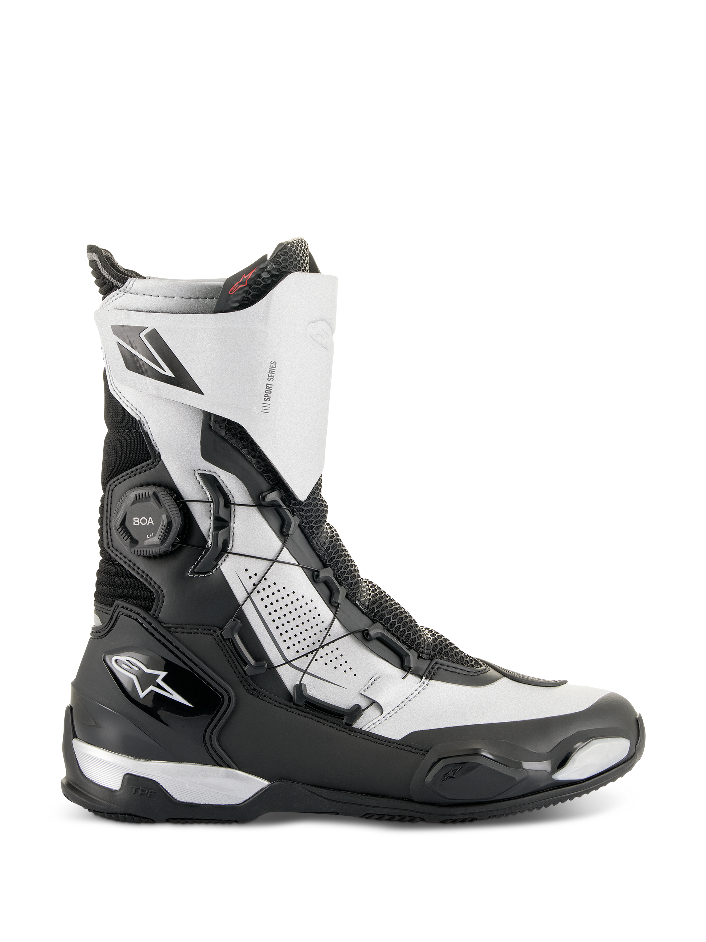 Alpinestars SP-X BOA® laarzen, middelhoge motorsportlaarzen, zwart en zilver, voorzien van het aan de zijkant gemonteerde BOA-sluitsysteem, TPU-bescherming en ademend Rideknit-materiaal, slank design voor sportief toerrijden