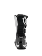 Alpinestars SP-X BOA® laarzen, zwart en zilver, achteraanzicht van middelhoge sport-toermotorlaars, met een zwarte TPU hielkap, zilveren zijpanelen en BOA Fit System-draaisluiting aan de zijkant, strak en beschermend ontwerp