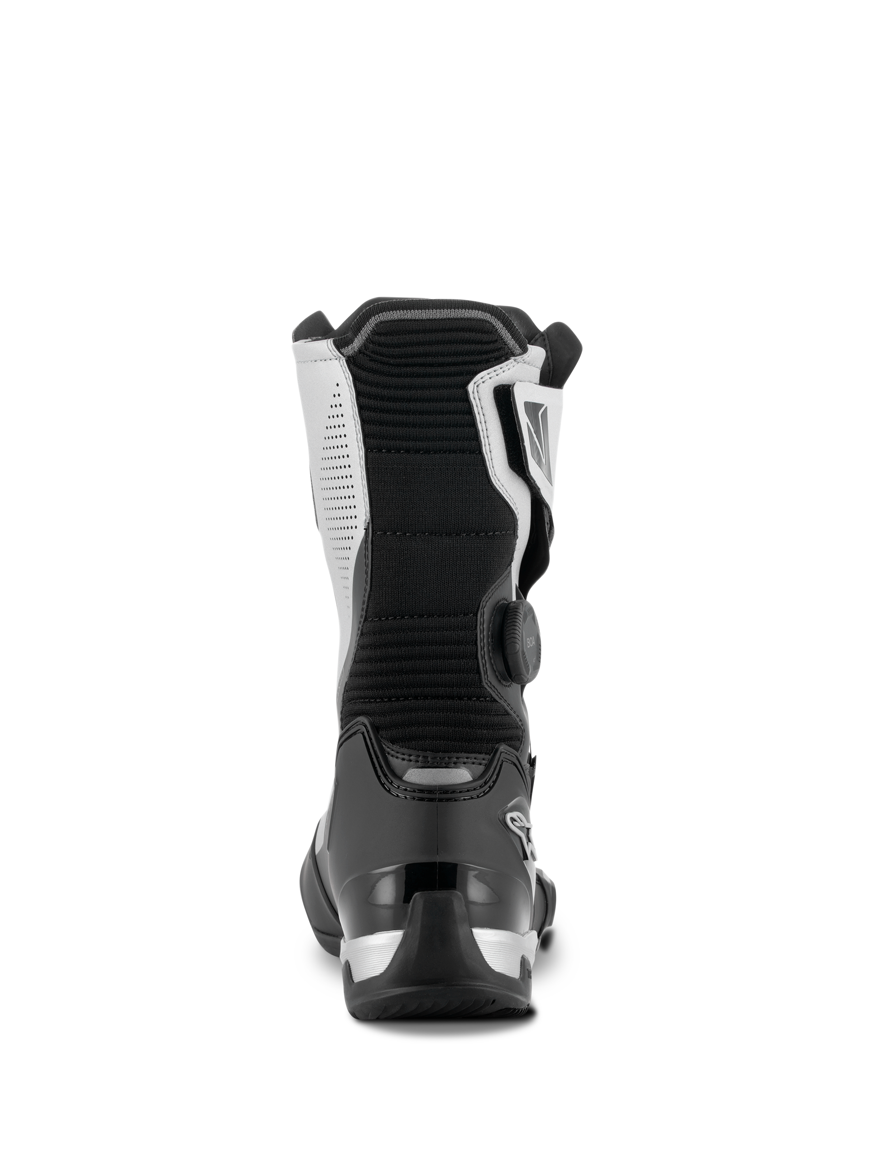 Alpinestars SP-X BOA® laarzen, zwart en zilver, achteraanzicht van middelhoge sport-toermotorlaars, met een zwarte TPU hielkap, zilveren zijpanelen en BOA Fit System-draaisluiting aan de zijkant, strak en beschermend ontwerp