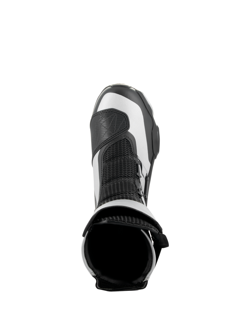 Alpinestars SP-X BOA laarzen, zwart en zilver, bovenaanzicht met de opening aan de bovenkant en de tong van mesh, slanke middelhoge sportmotorlaarzen met geavanceerde microvezel- en Rideknit-constructie