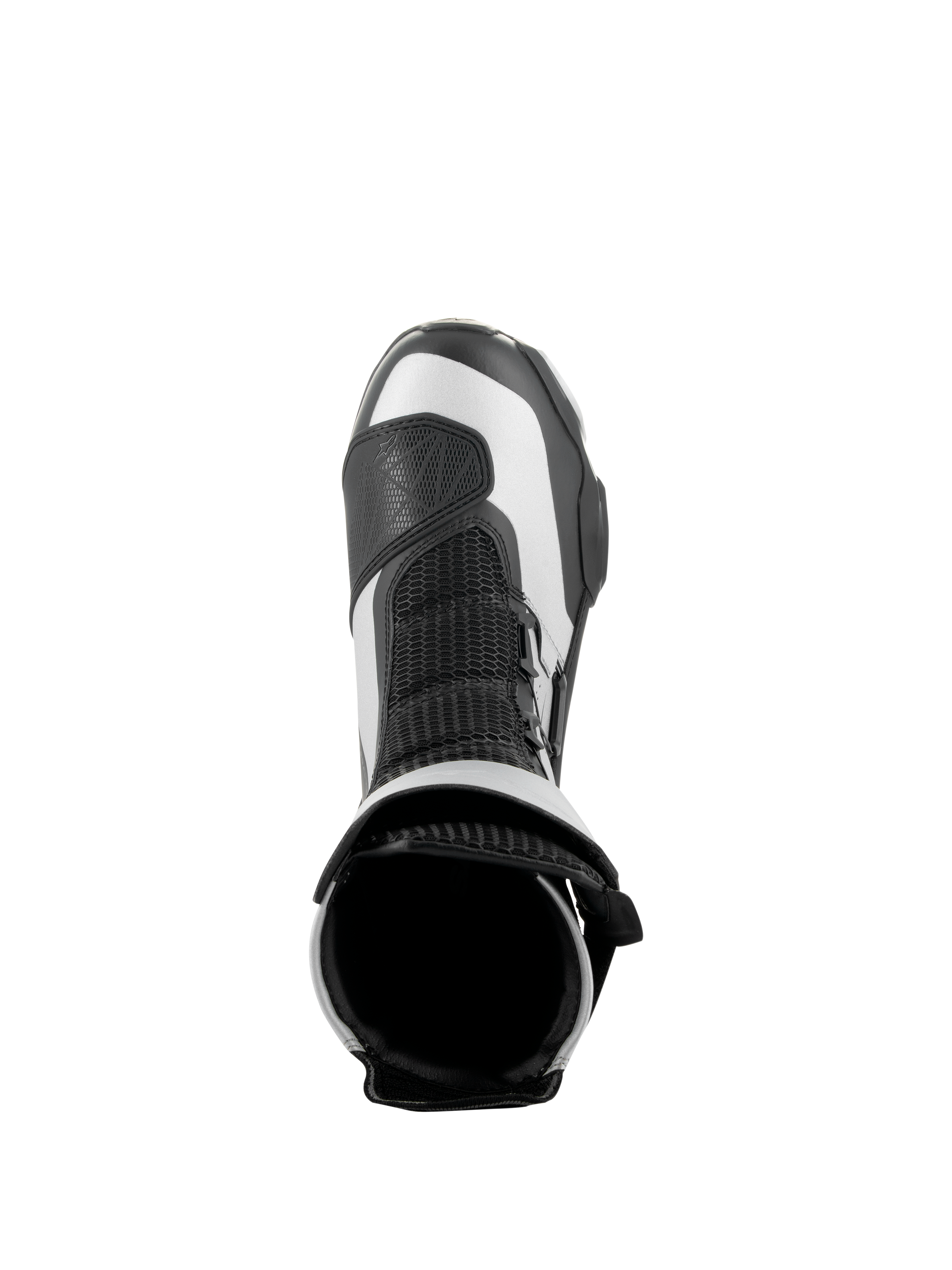 Alpinestars SP-X BOA laarzen, zwart en zilver, bovenaanzicht met de opening aan de bovenkant en de tong van mesh, slanke middelhoge sportmotorlaarzen met geavanceerde microvezel- en Rideknit-constructie