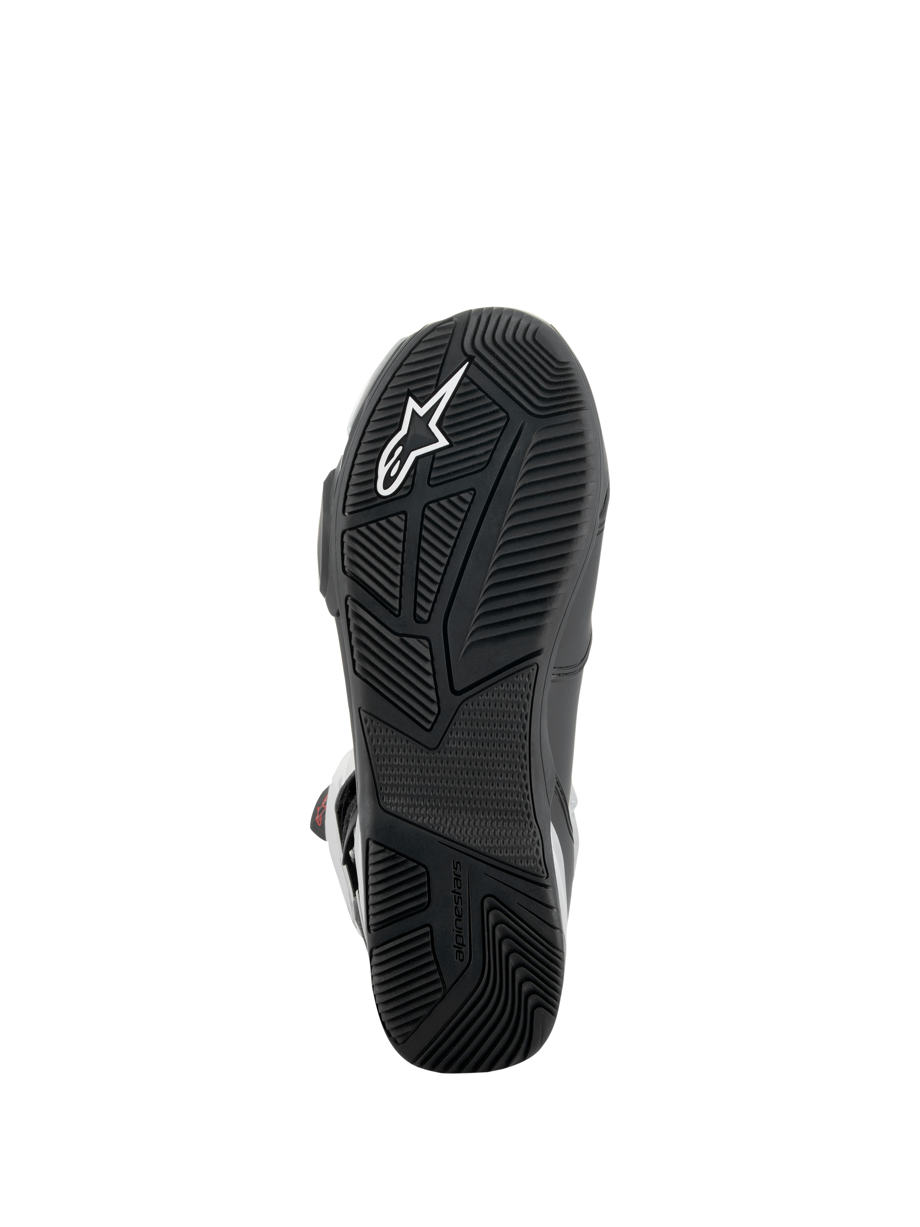 Alpinestars SP-X BOA® laarzen, onderaanzicht van de zool, zwart, voorzien van een rubberen buitenzool met textuur en wit sterlogo, asymmetrisch hielontwerp voor stabiliteit en gespecialiseerde loopvlakpatronen voor grip op de voetsteunen