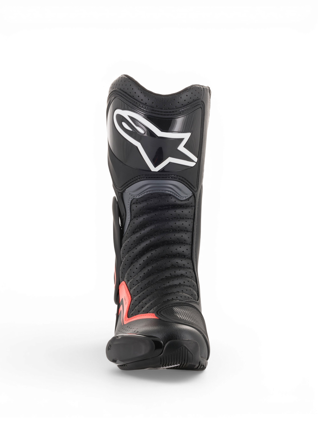 Alpinestars SMX-6 V2 Vented laarzen, zwarte en grijze motorlaars voor motorracing met fluorescerend rode accenten, vooraanzicht met geperforeerd bovenwerk, scheenbescherming en teenschuif