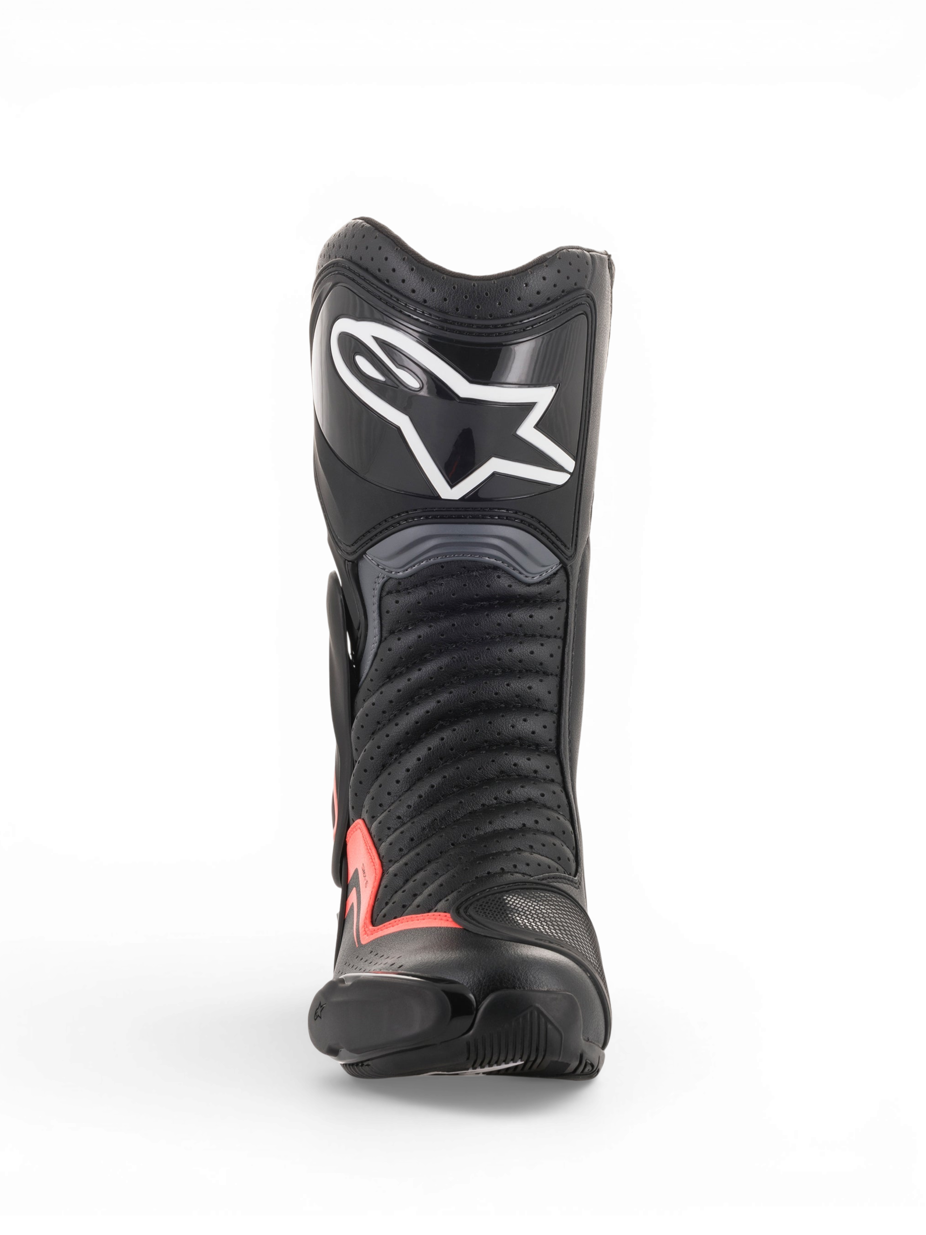 Alpinestars SMX-6 V2 Vented laarzen, zwarte en grijze motorlaars voor motorracing met fluorescerend rode accenten, vooraanzicht met geperforeerd bovenwerk, scheenbescherming en teenschuif