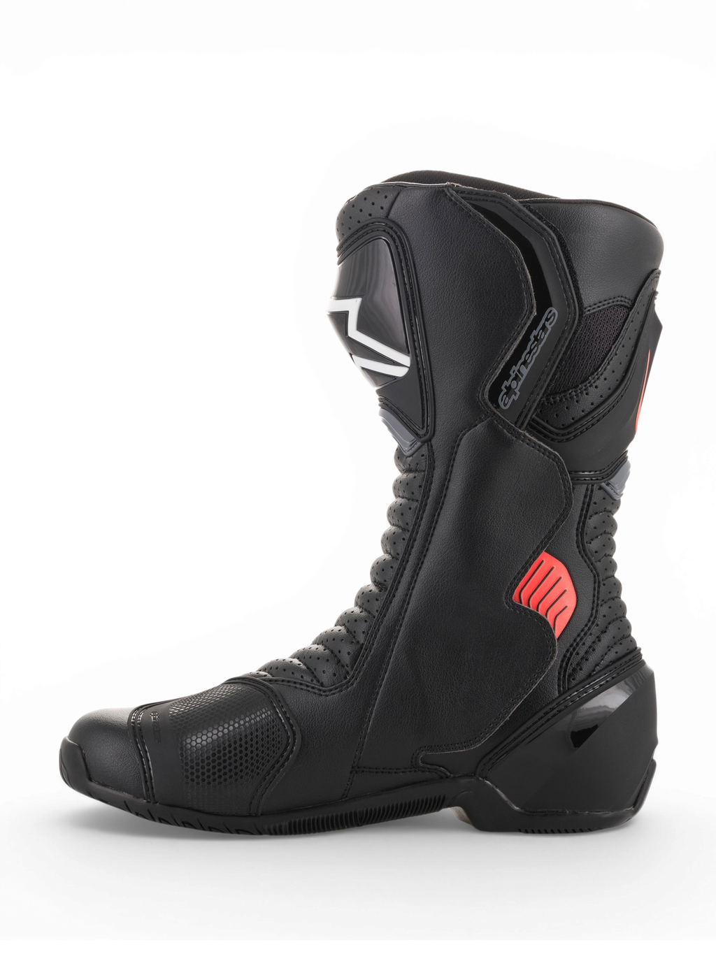 Alpinestars SMX-6 V2 Vented laarzen, zwarte motorlaarzen voor motorracing, details in grijs en fluorescerend rood, ademende meshpanelen en beschermende enkel- en scheenbeschermers.