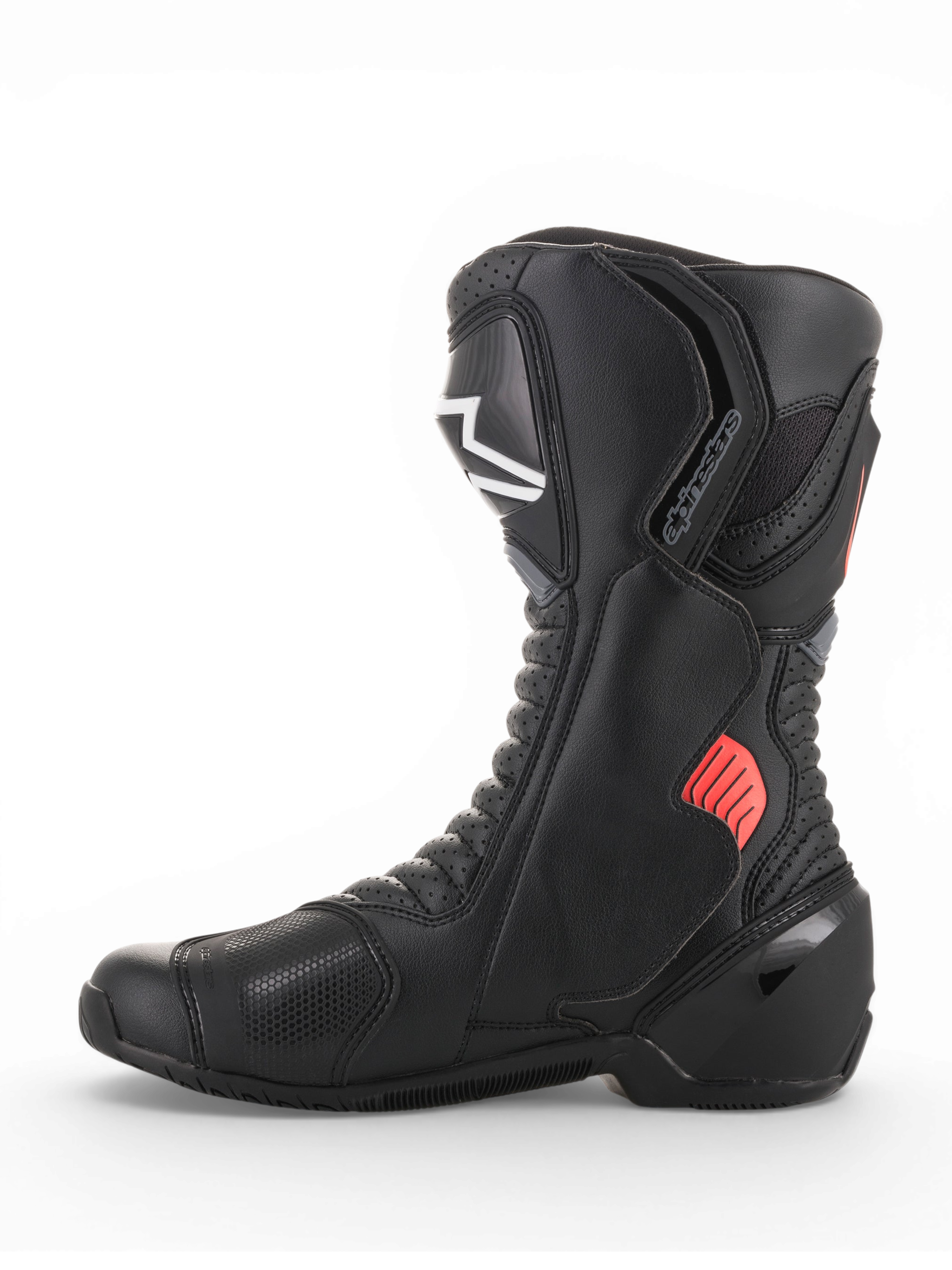 Alpinestars SMX-6 V2 Vented laarzen, zwarte motorlaarzen voor motorracing, details in grijs en fluorescerend rood, ademende meshpanelen en beschermende enkel- en scheenbeschermers.