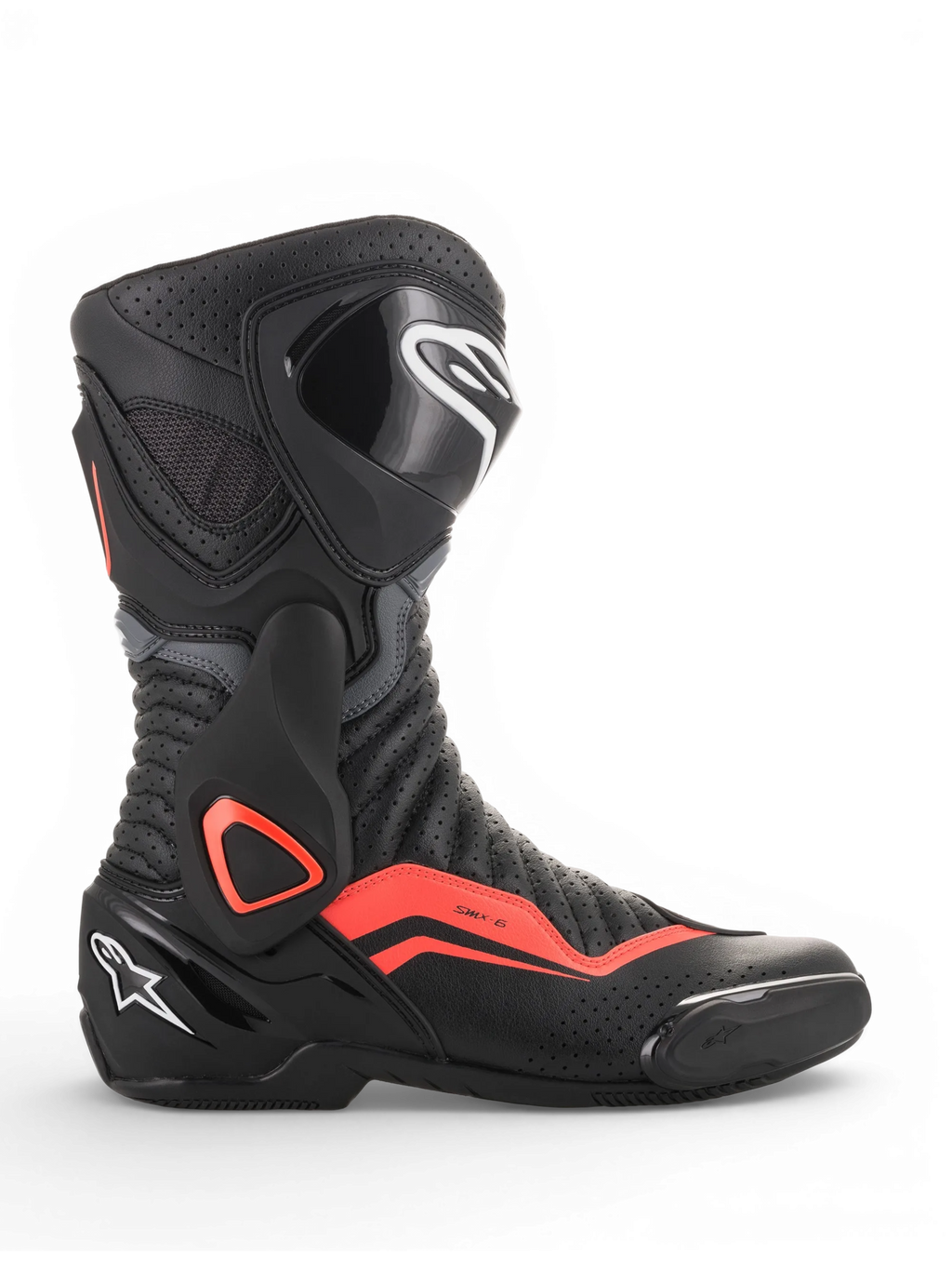 Alpinestars SMX-6 V2 Vented laarzen, zwarte motorlaarzen voor racing met grijze details en fluorescerende rode accenten, geperforeerde ventilatie en enkel- en scheenbeenbescherming
