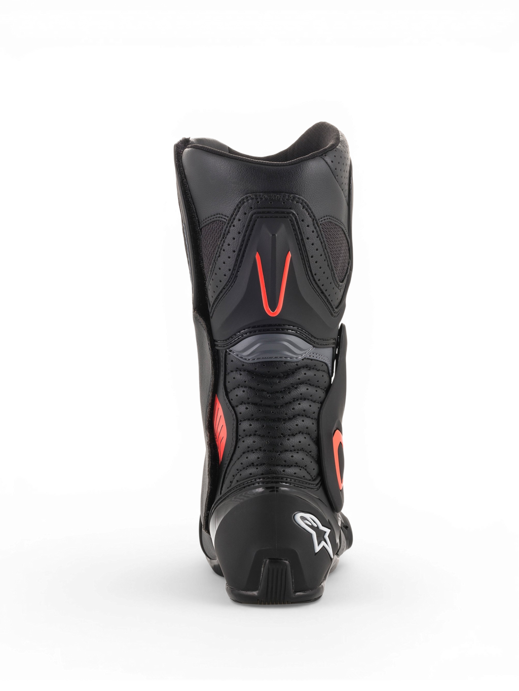 Alpinestars SMX-6 V2 Vented laarzen, motorlaarzen voor heren voor racing, zwart en grijs met fluorescerende rode accenten, achteraanzicht met geperforeerde ventilatiepanelen en beschermende hiel