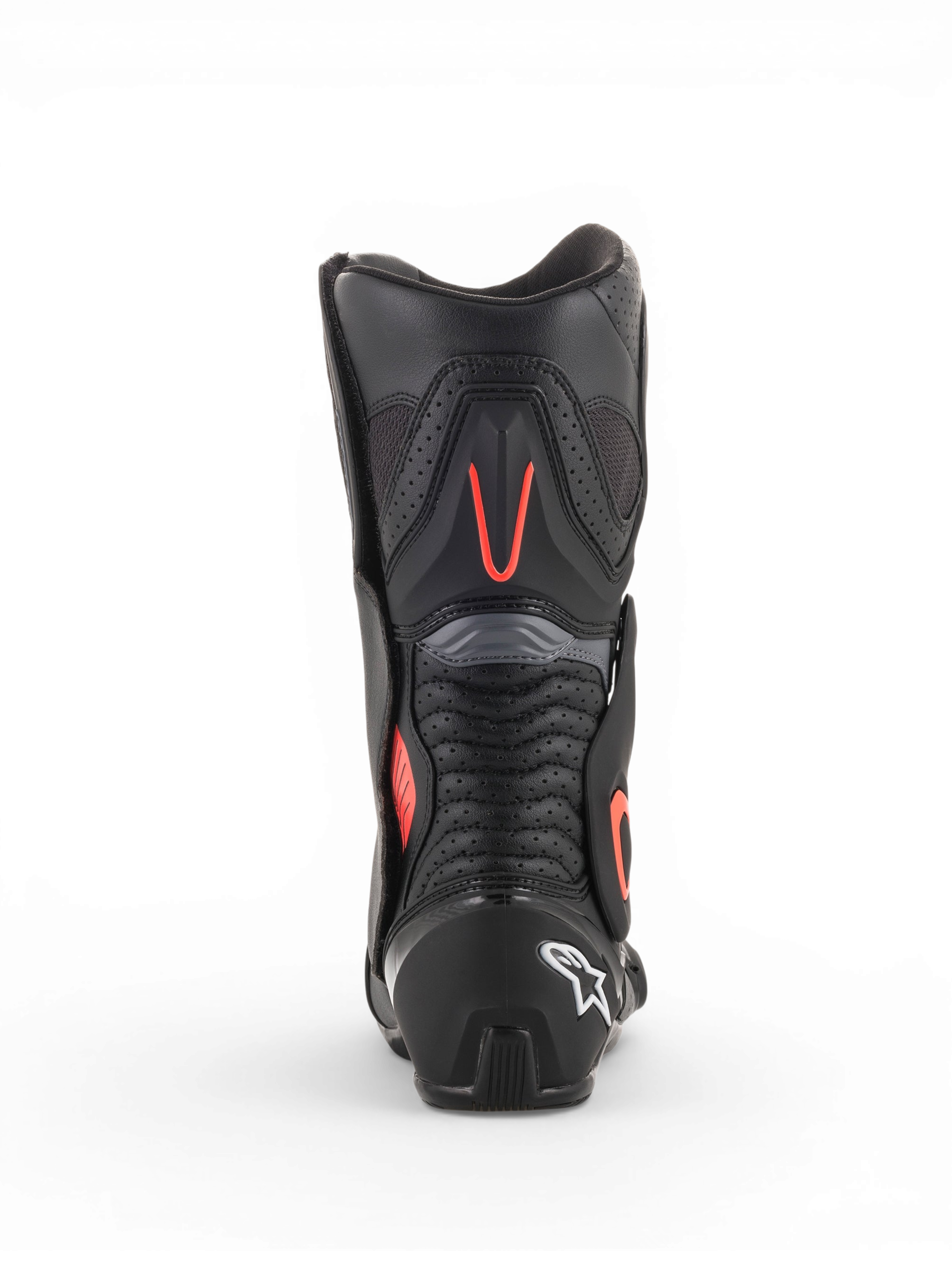 Alpinestars SMX-6 V2 Vented laarzen, motorlaarzen voor heren voor racing, zwart en grijs met fluorescerende rode accenten, achteraanzicht met geperforeerde ventilatiepanelen en beschermende hiel