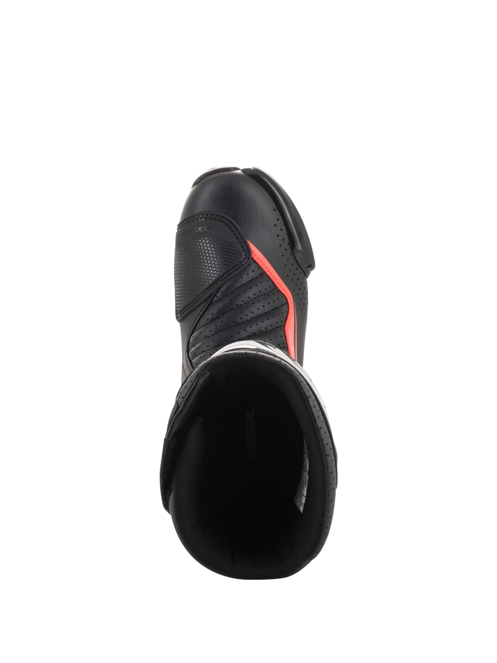 Alpinestars SMX-6 V2 Vented laarzen, zwarte motorlaarzen voor racing met fluorescerend rode accenten, bovenaanzicht met geperforeerd bovenwerk, enkelbescherming en laarsopening