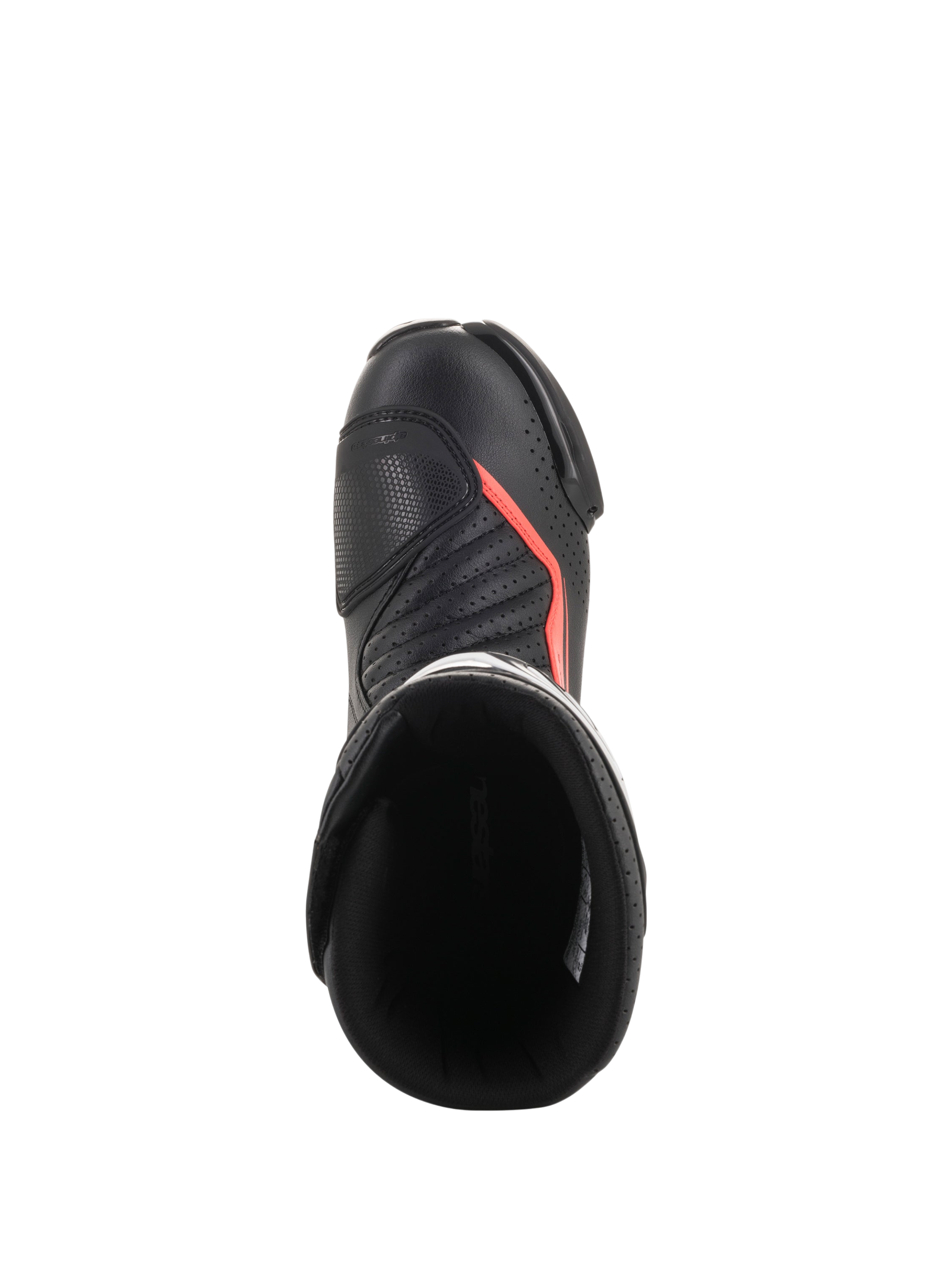 Alpinestars SMX-6 V2 Vented laarzen, zwarte motorlaarzen voor racing met fluorescerend rode accenten, bovenaanzicht met geperforeerd bovenwerk, enkelbescherming en laarsopening