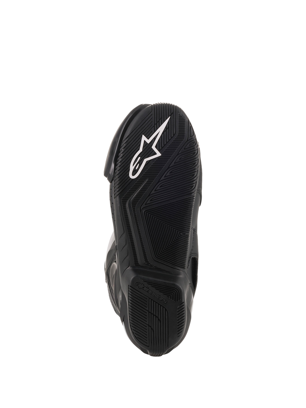 Alpinestars SMX-6 V2 Vented laarzen, zwarte motor-racinglaarzen, close-up van de getextureerde rubberen buitenzool met wit Alpinestars-logo