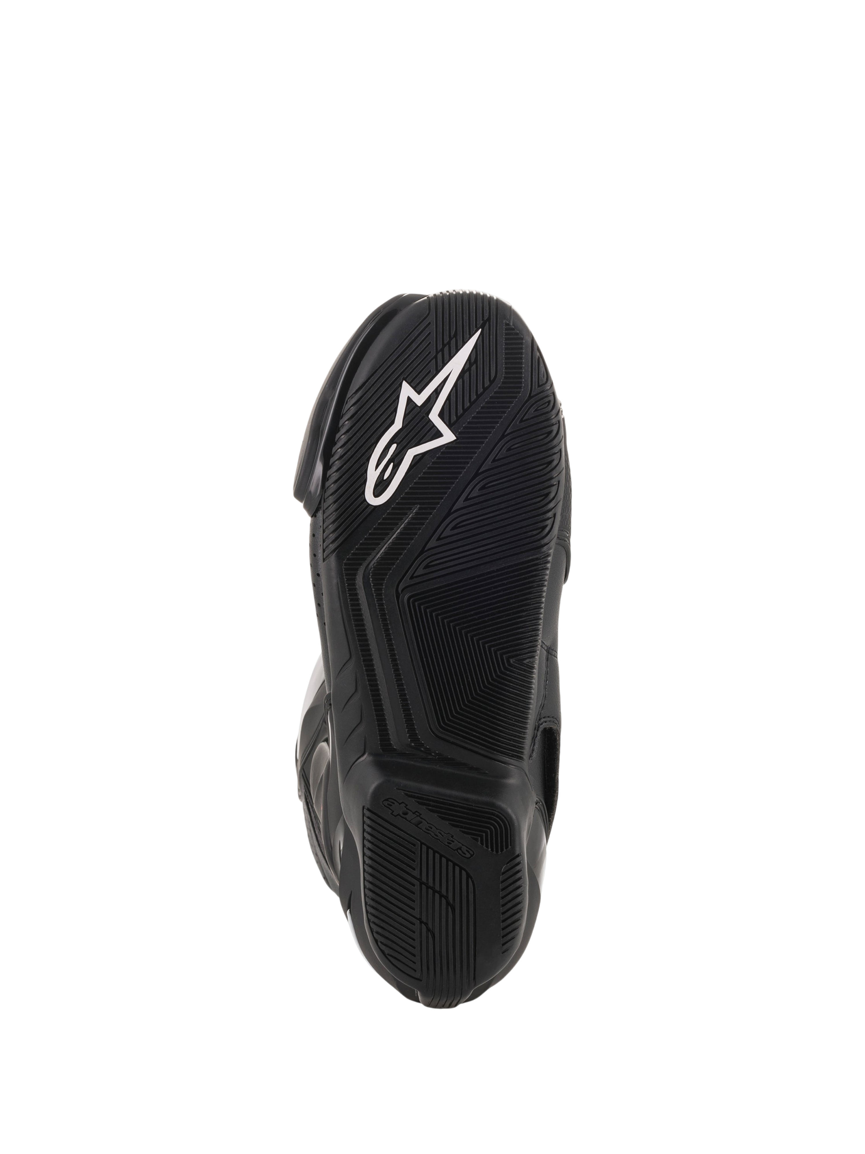 Alpinestars SMX-6 V2 Vented laarzen, zwarte motor-racinglaarzen, close-up van de getextureerde rubberen buitenzool met wit Alpinestars-logo