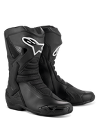 Alpinestars SMX-6 V3 Boots, Performance Motorcycle Riding Boots, Black, featuring TPU shin and ankle protection, flexible mesh panels, ergonomic design for sport and track riding, white Alpinestars logo on shin