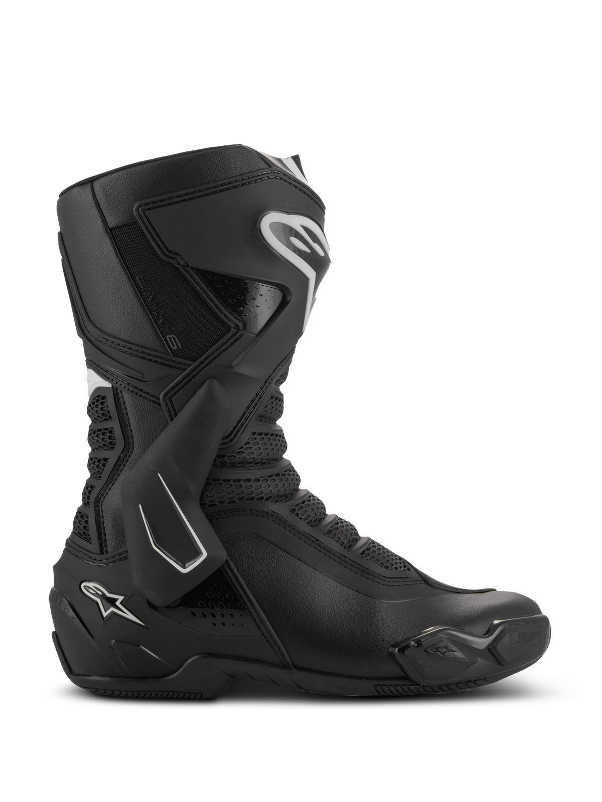 Alpinestars SMX-6 V3 Boots, Performance Motorcycle Riding Boots, Black with white accents, lateral profile view featuring a TPU ankle brace system, textured mesh flexion zones, and reinforced heel and toe components for track and street performance.