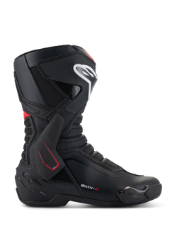 Alpinestars SMX-6 V3 Boots, Motorcycle Racing Boots, Black with White and Red accents, lateral side view featuring TPU ankle brace, white shin logo, and textured mesh flex zones, sporty aerodynamic design