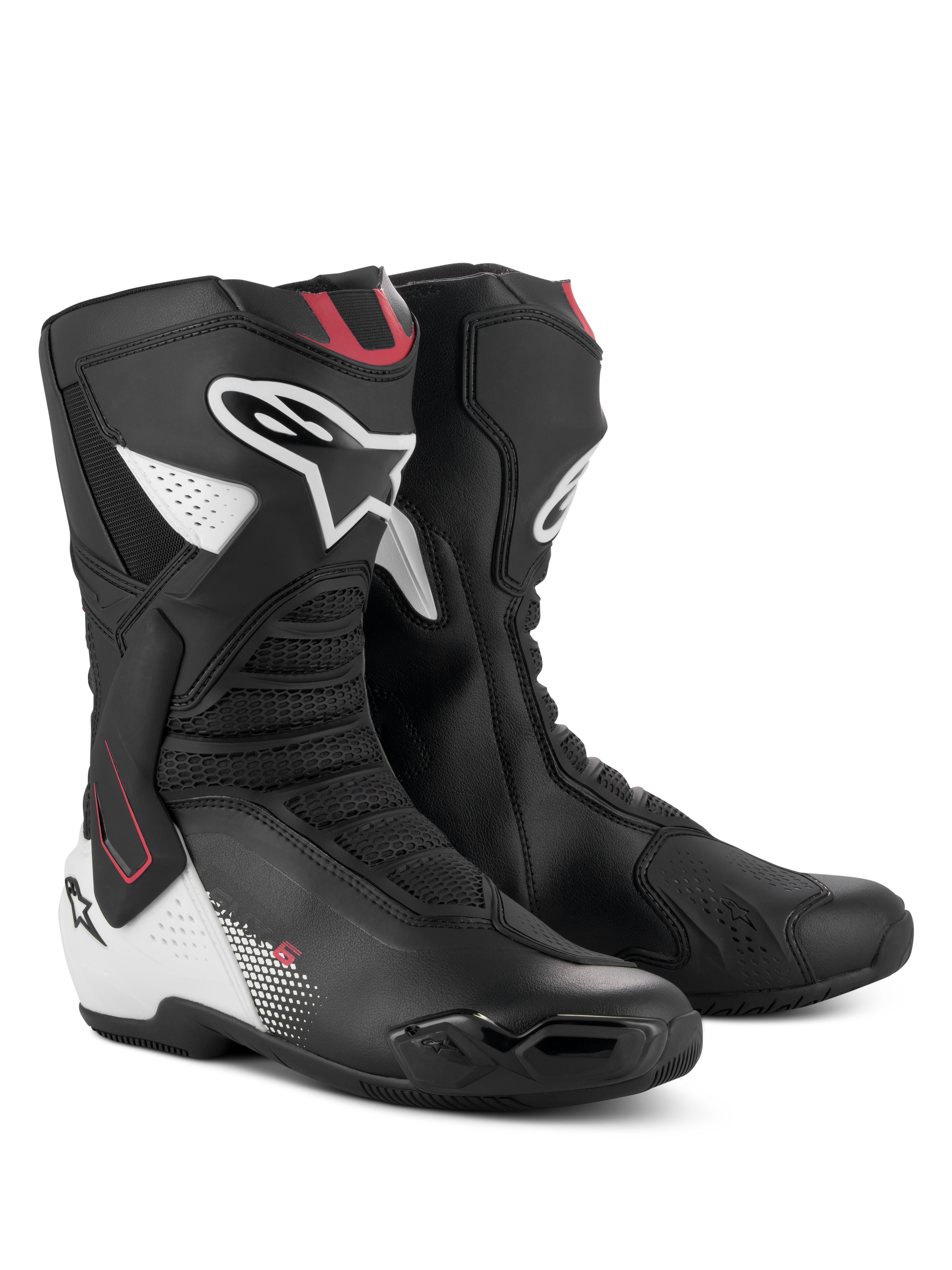 Alpinestars SMX-6 V3 Stiefel, Performance-Motorradstiefel, Schwarz-Weiß-Rote Grafik, mit fortschrittlichem Mikrofaser-Obermaterial, TPU-Knöchelschutzsystem, Mesh-Flexzonen und markantem Alpinestars-Branding an Wade und Ferse.