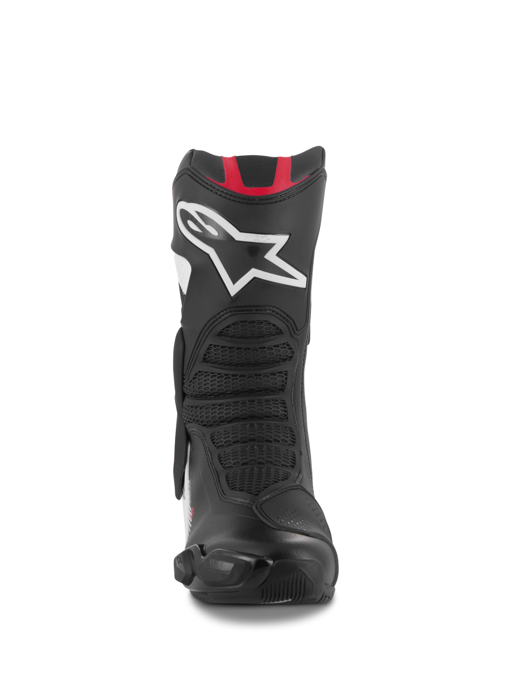 Alpinestars SMX-6 V3 Stiefel, Performance-Motorradstiefel, Schwarz-Weiß-Rot-Grafik, Vorderansicht mit einem großen weißen Astar-Logo auf dem Schienbein, roten Akzenten oben und Flexzonen mit Mesh-Struktur für die Rennstrecke und die Straße.