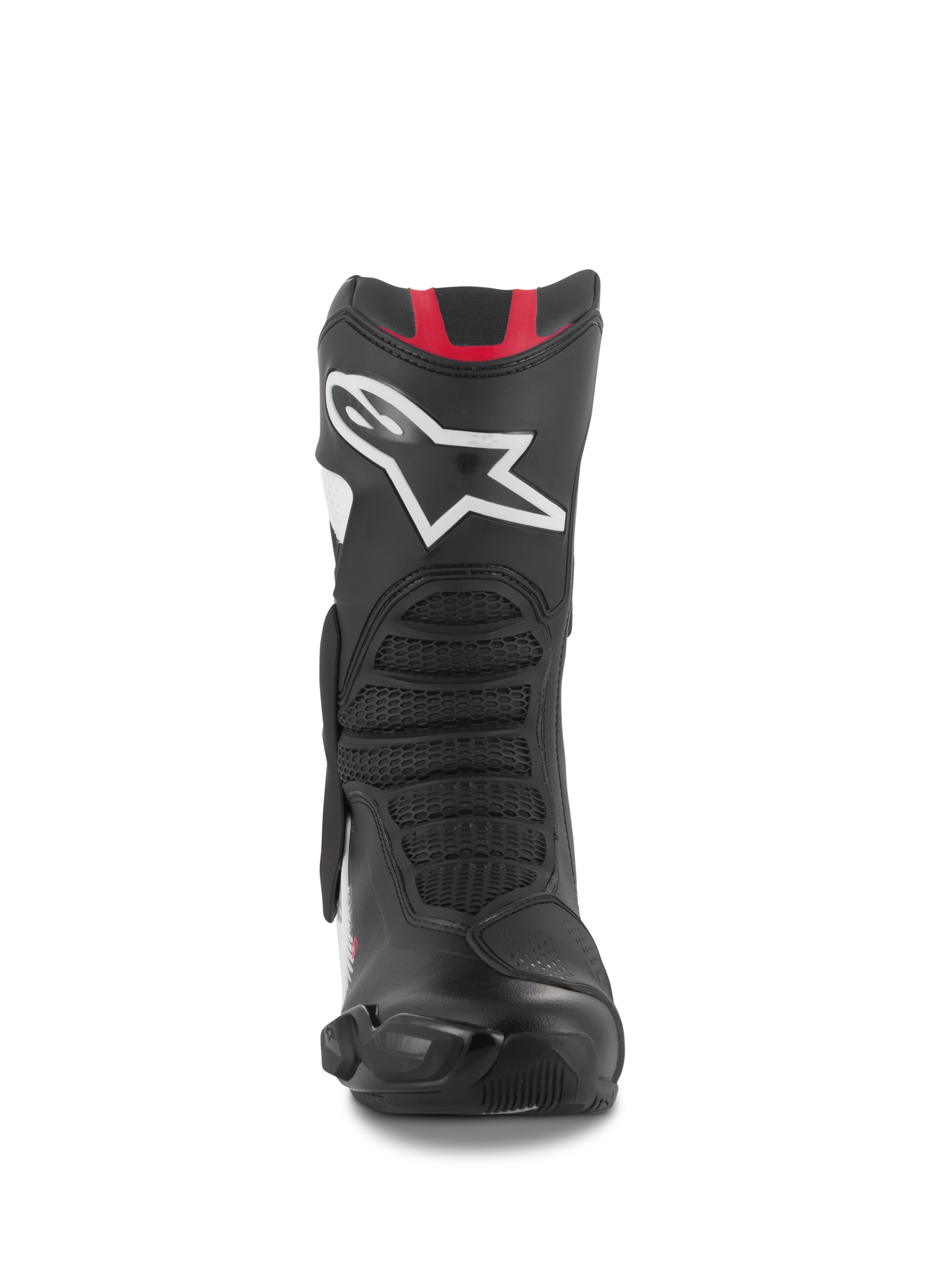 Alpinestars SMX-6 V3 Stiefel, Performance-Motorradstiefel, Schwarz-Weiß-Rot-Grafik, Vorderansicht mit einem großen weißen Astar-Logo auf dem Schienbein, roten Akzenten oben und Flexzonen mit Mesh-Struktur für die Rennstrecke und die Straße.