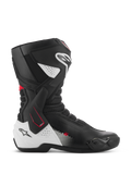 Alpinestars SMX-6 V3 Stiefel, Performance-Motorradrennstiefel, Schwarz, Weiß und Rot, Seitenprofil mit seitlicher TPU-Knöchelstütze, verstärktem Schienbein- und Fersenschutz, perforierten Mesh-Flexzonen und austauschbaren Zehenschleifern für Rennstrecke und Straße