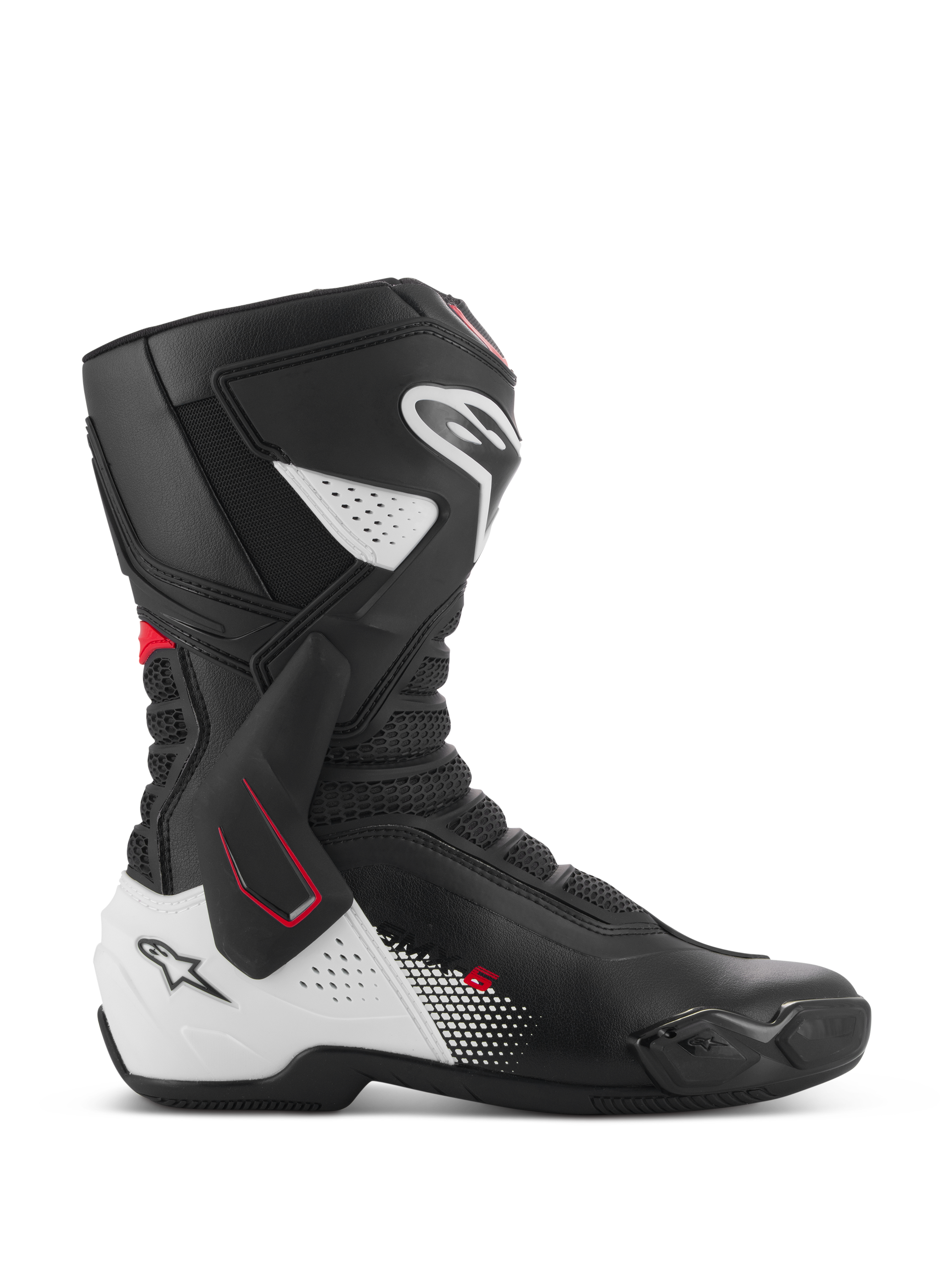 Alpinestars SMX-6 V3 Stiefel, Performance-Motorradrennstiefel, Schwarz, Weiß und Rot, Seitenprofil mit seitlicher TPU-Knöchelstütze, verstärktem Schienbein- und Fersenschutz, perforierten Mesh-Flexzonen und austauschbaren Zehenschleifern für Rennstrecke und Straße
