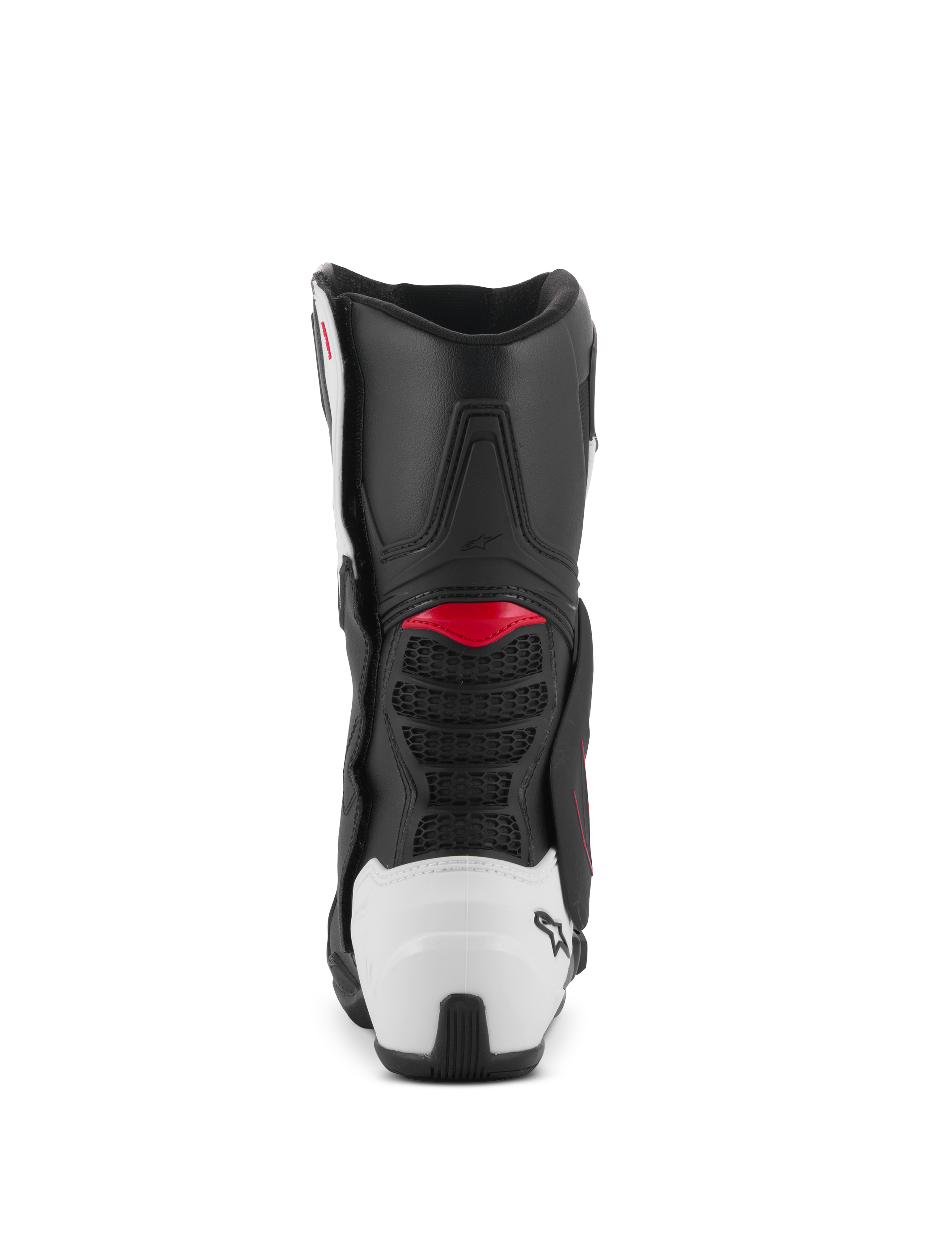 Alpinestars SMX-6 V3 Stiefel, Performance-Motorradstiefel, schwarz-weiß-rote Grafik, Rückansicht mit weißer TPU-Fersenschale und roten Akzenten, entwickelt für Performance auf Rennstrecke und Straße
