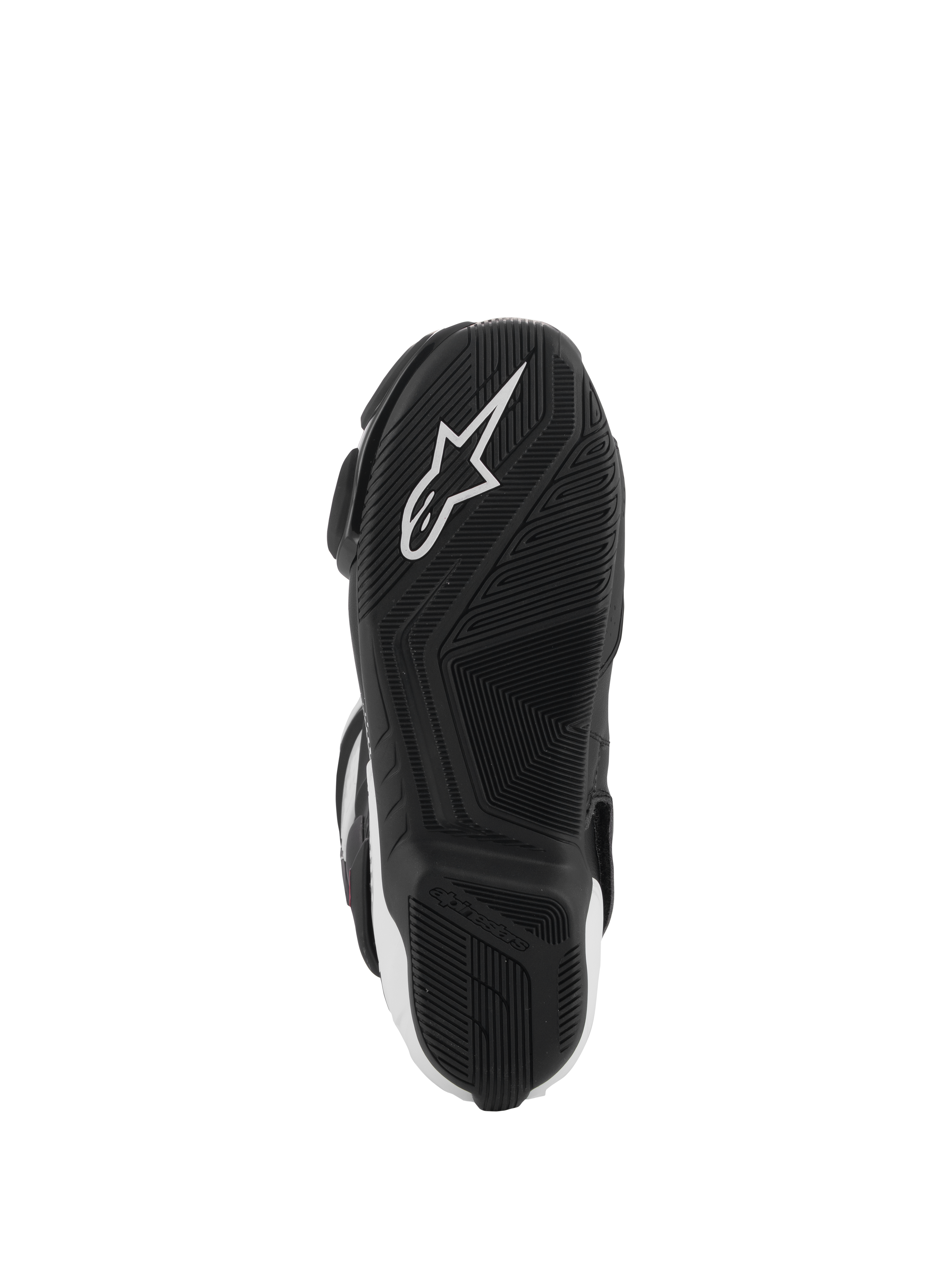 Alpinestars SMX-6 V3 Stiefel, Unteransicht der Sohle, schwarzer Gummi mit strukturiertem Profilmuster, mit weißem Alpinestars Stern-Logo, Performance-Motorradstiefel