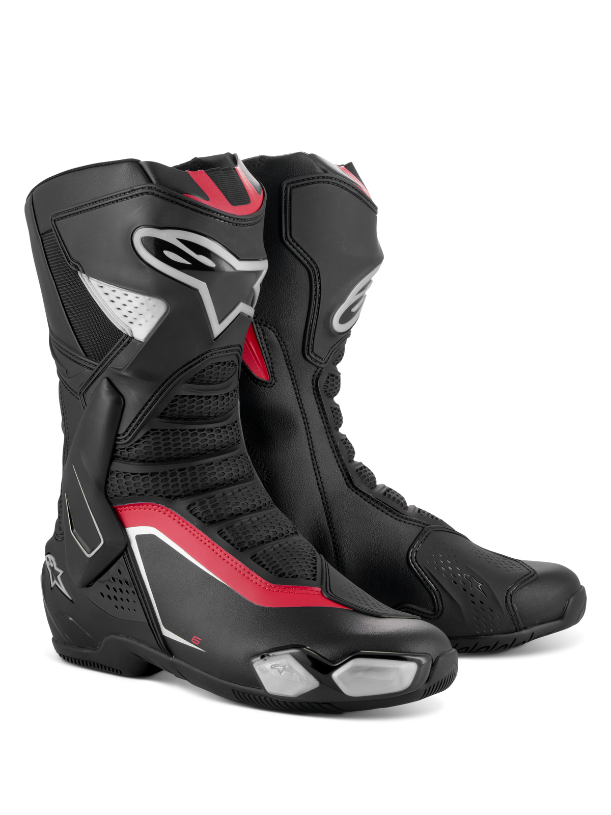 Alpinestars SMX-6 V3 laarzen, performance motorlaarzen, zwart, zilver en rood, voorzien van een gestroomlijnd bovenwerk van microvezel met TPU-bescherming, rode accenten en het Alpinestars-logo aan de zijkant.