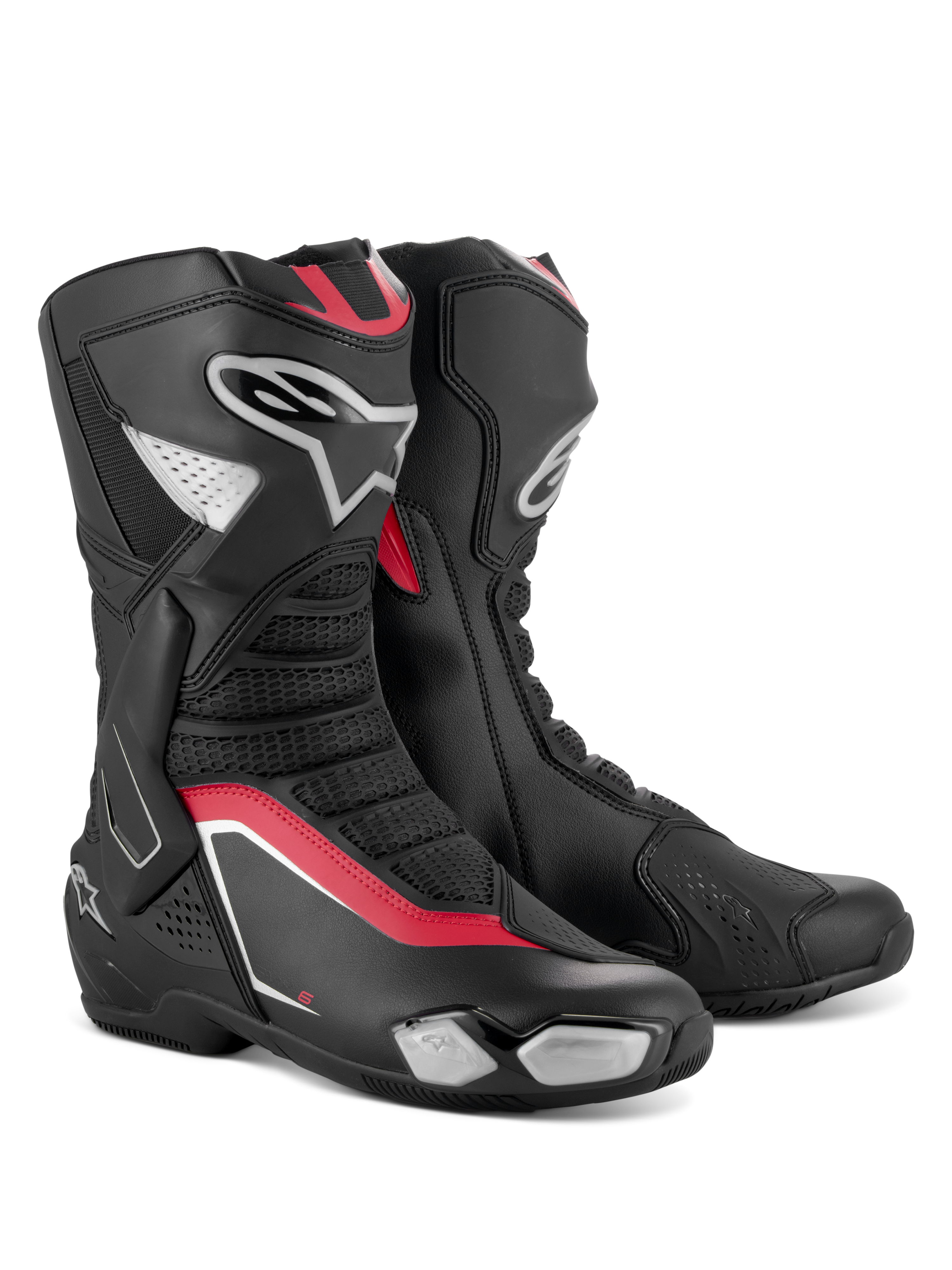 Alpinestars SMX-6 V3 laarzen, performance motorlaarzen, zwart, zilver en rood, voorzien van een gestroomlijnd bovenwerk van microvezel met TPU-bescherming, rode accenten en het Alpinestars-logo aan de zijkant.