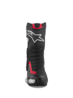 Alpinestars SMX-6 V3 laarzen, motorrace- en sportlaarzen, zwart, zilver en rood, vooraanzicht met TPU-scheenplaat met zilveren ster-logo, mesh flexpanelen en hoogwaardige microvezelconstructie