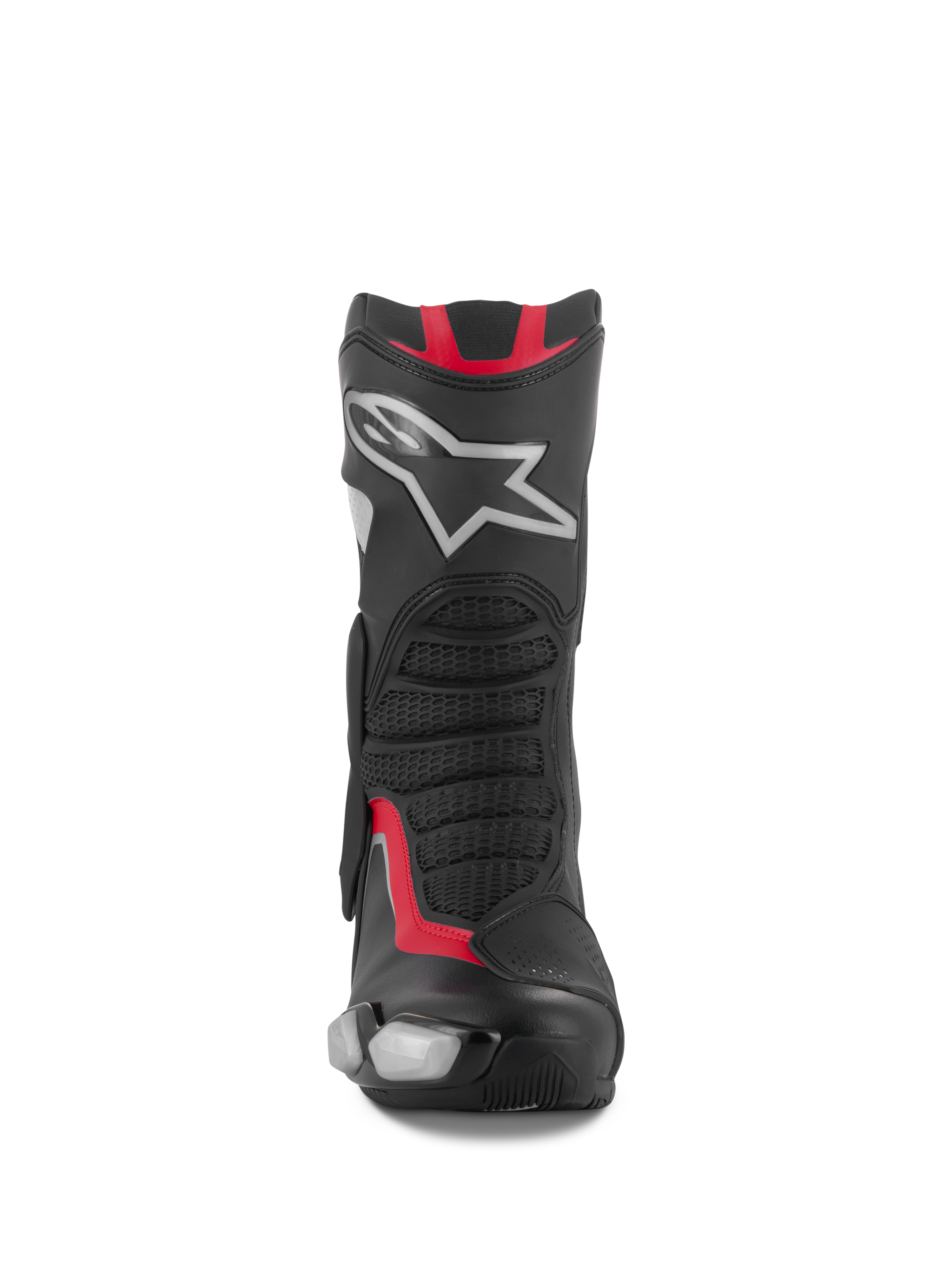 Alpinestars SMX-6 V3 laarzen, motorrace- en sportlaarzen, zwart, zilver en rood, vooraanzicht met TPU-scheenplaat met zilveren ster-logo, mesh flexpanelen en hoogwaardige microvezelconstructie