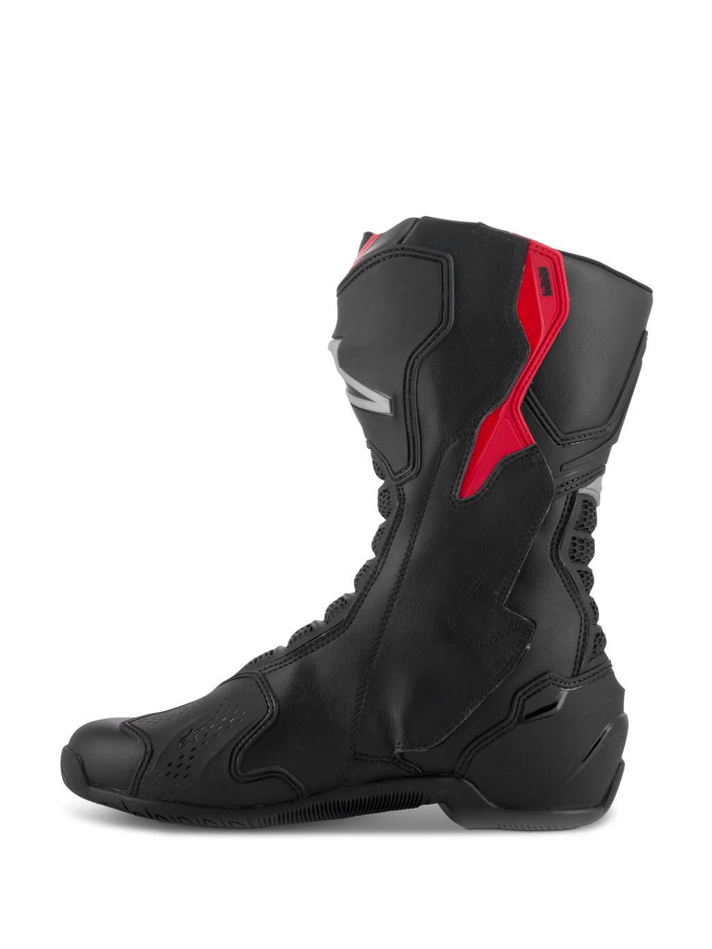 Alpinestars SMX-6 V3 laarzen, performance rijlaarzen, zwart met rode en zilveren accenten, zijaanzicht met microvezelconstructie en beschermende TPU-panelen, race-afgeleid ontwerp voor circuit- en straatprestaties