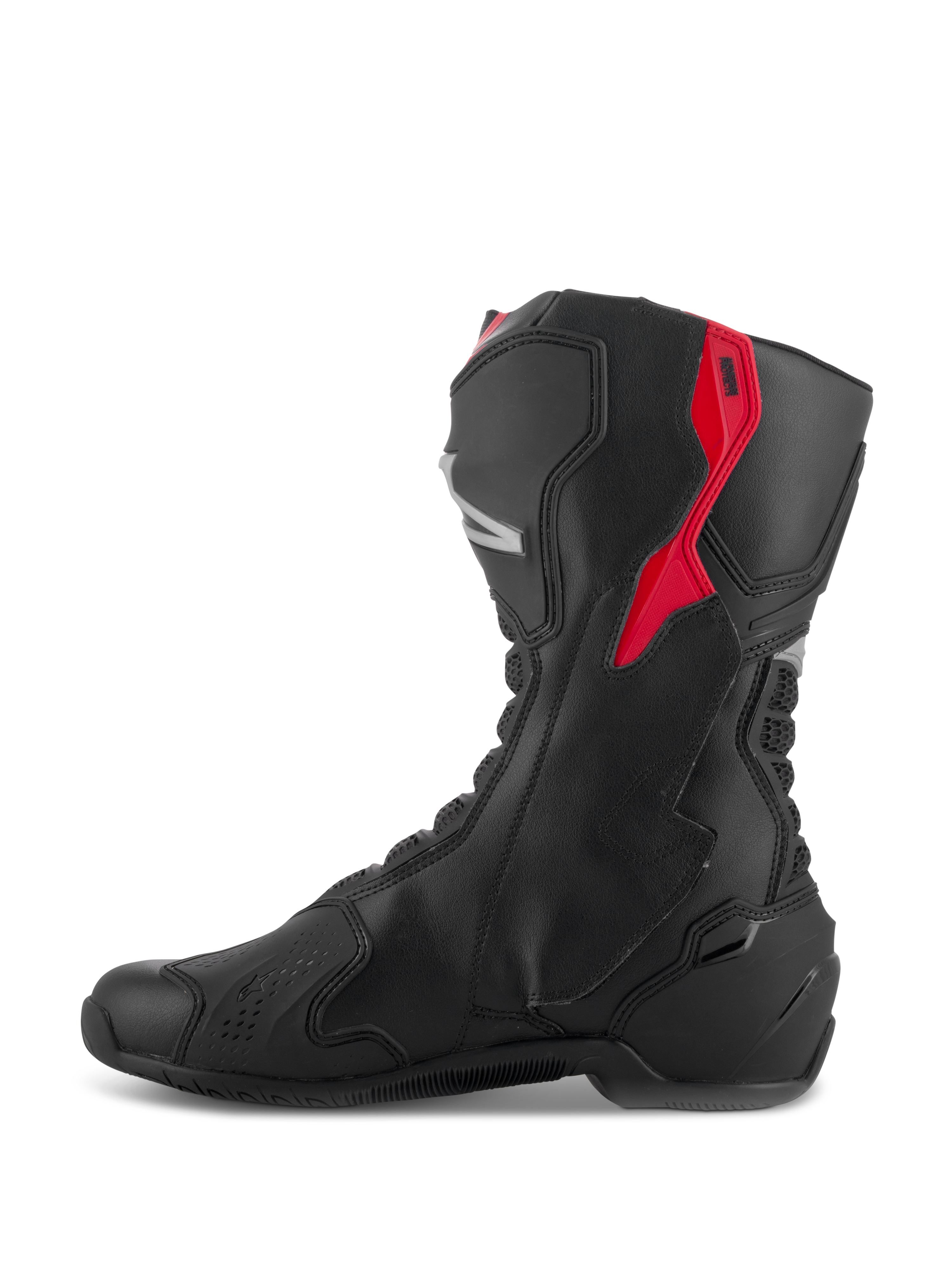 Alpinestars SMX-6 V3 laarzen, performance rijlaarzen, zwart met rode en zilveren accenten, zijaanzicht met microvezelconstructie en beschermende TPU-panelen, race-afgeleid ontwerp voor circuit- en straatprestaties