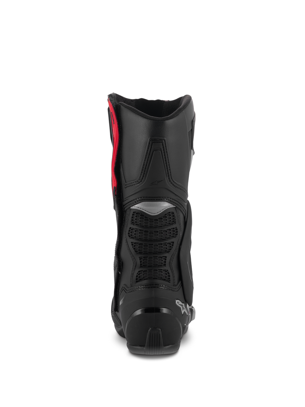 Alpinestars SMX-6 V3 Laarzen, performance rijlaarzen, zwart zilver rood, achteraanzicht met de TPU kuitprotector, mesh flexzones en hielversteviging, hoogwaardig beschermend schoeisel