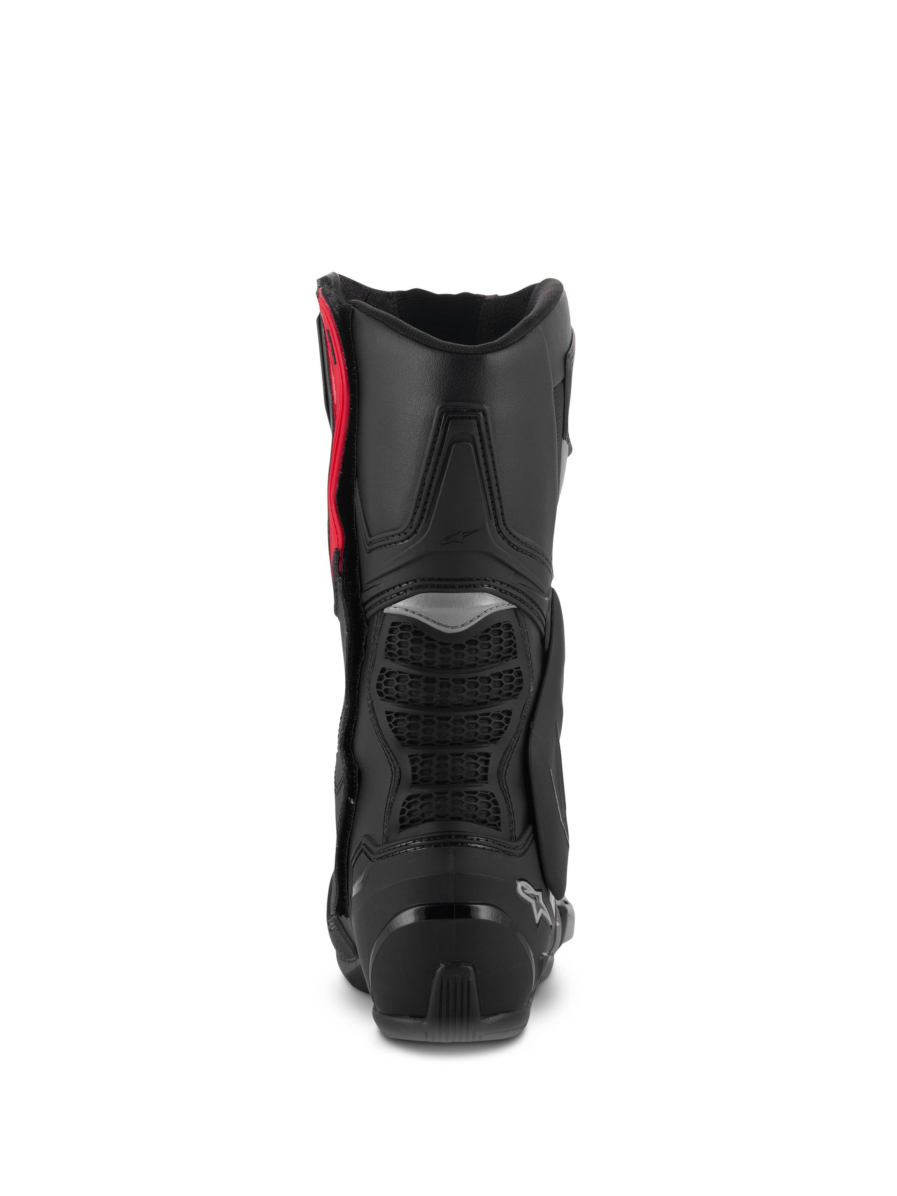 Alpinestars SMX-6 V3 Laarzen, performance rijlaarzen, zwart zilver rood, achteraanzicht met de TPU kuitprotector, mesh flexzones en hielversteviging, hoogwaardig beschermend schoeisel