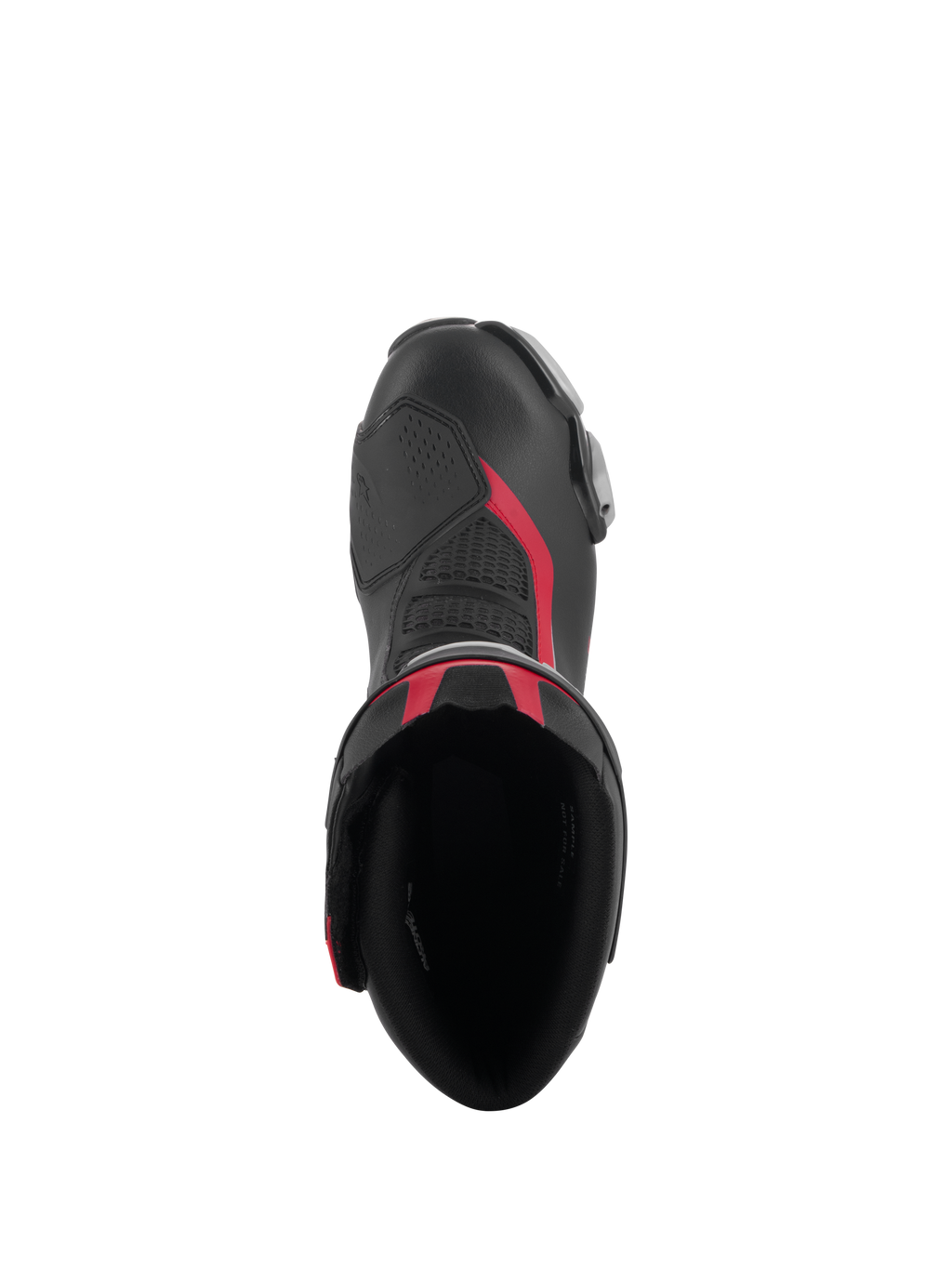 Bovenaanzicht van de Alpinestars SMX-6 V3 laarzen in Black Silver Red, met de opening van de laars, de microvezelconstructie met rode accenten en een geïntegreerde TPU-schakelzone.