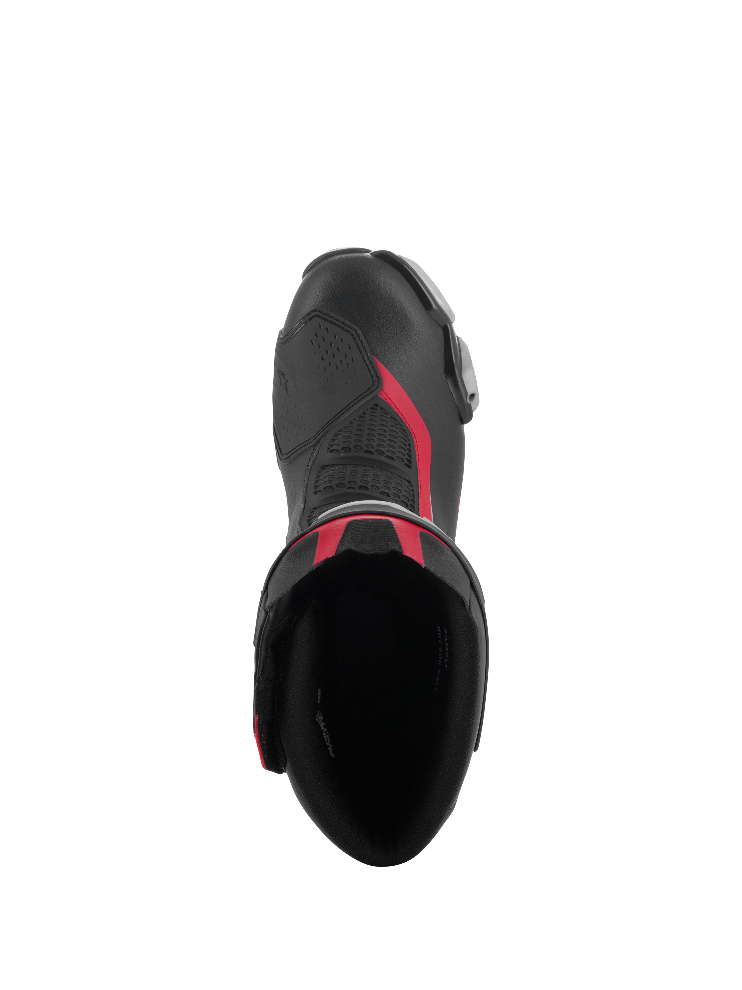 Bovenaanzicht van de Alpinestars SMX-6 V3 laarzen in Black Silver Red, met de opening van de laars, de microvezelconstructie met rode accenten en een geïntegreerde TPU-schakelzone.
