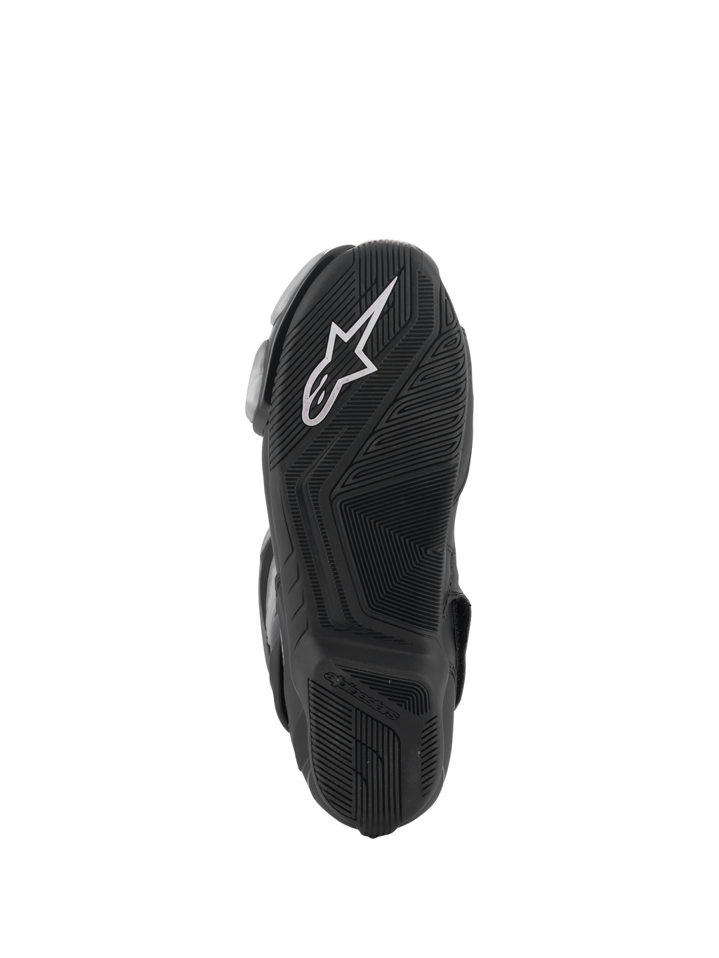 Alpinestars SMX-6 V3 Laarzen, zwart, onderaanzicht van de zool met een rubberen buitenzool met textuur voor grip, wit Alpinestars-logo op de hiel, logo in reliëf, ontworpen voor rijprestaties op het circuit en de straat.