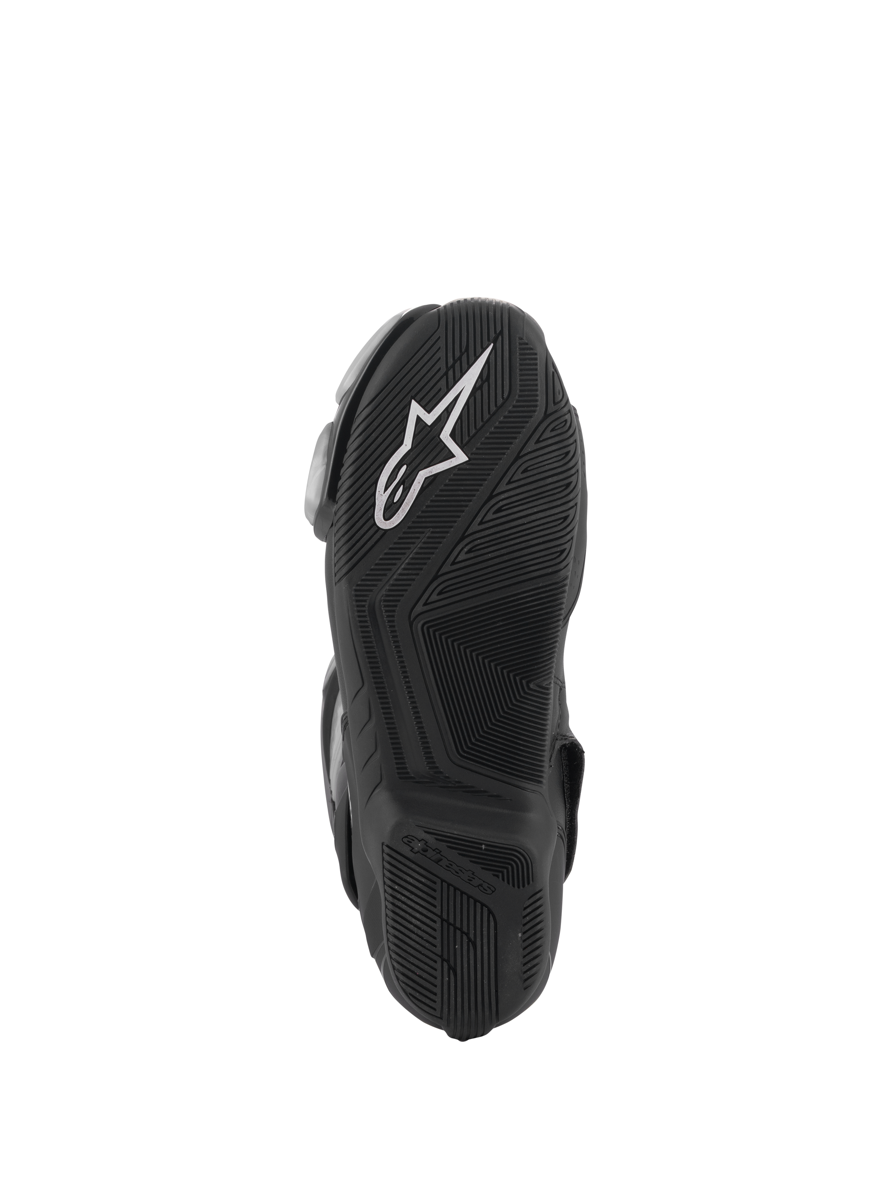 Alpinestars SMX-6 V3 Laarzen, zwart, onderaanzicht van de zool met een rubberen buitenzool met textuur voor grip, wit Alpinestars-logo op de hiel, logo in reliëf, ontworpen voor rijprestaties op het circuit en de straat.