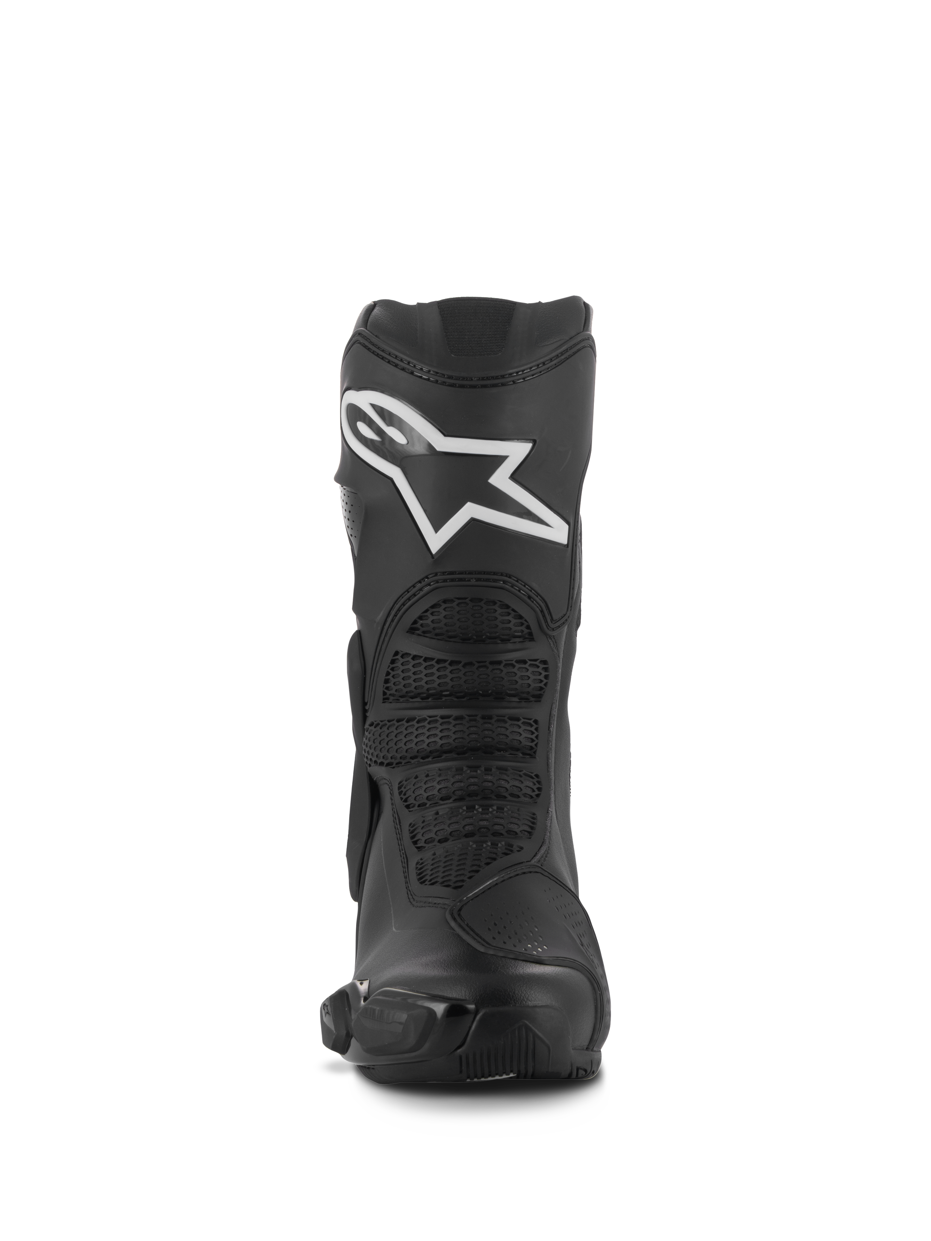 Alpinestars Stella SMX-6 V3 Stiefel, Performance-Motorradstiefel für Damen, Schwarz mit weißem Alpinestars-Logo, Vorderansicht mit TPU-Schienbeinprotektor und flexiblen Mesh-Zonen, strapazierfähige Mikrofaser-Konstruktion