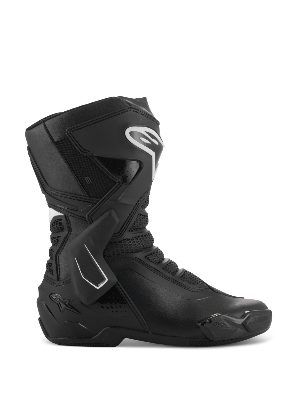 Alpinestars Stella SMX-6 V3 Stiefel, Damen-Motorradstiefel, Schwarz und Weiß, Seitenansicht mit TPU-Knöchelstütze und Schienbeinschützern, atmungsaktive Mesh-Einsätze, weißes Alpinestars-Logo vorne, entwickelt für Performance auf Rennstrecke und Straße