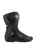Alpinestars Stella SMX-6 V3 Stiefel, Damen-Motorradstiefel, Schwarz und Weiß, Seitenansicht mit TPU-Knöchelstütze und Schienbeinschützern, atmungsaktive Mesh-Einsätze, weißes Alpinestars-Logo vorne, entwickelt für Performance auf Rennstrecke und Straße